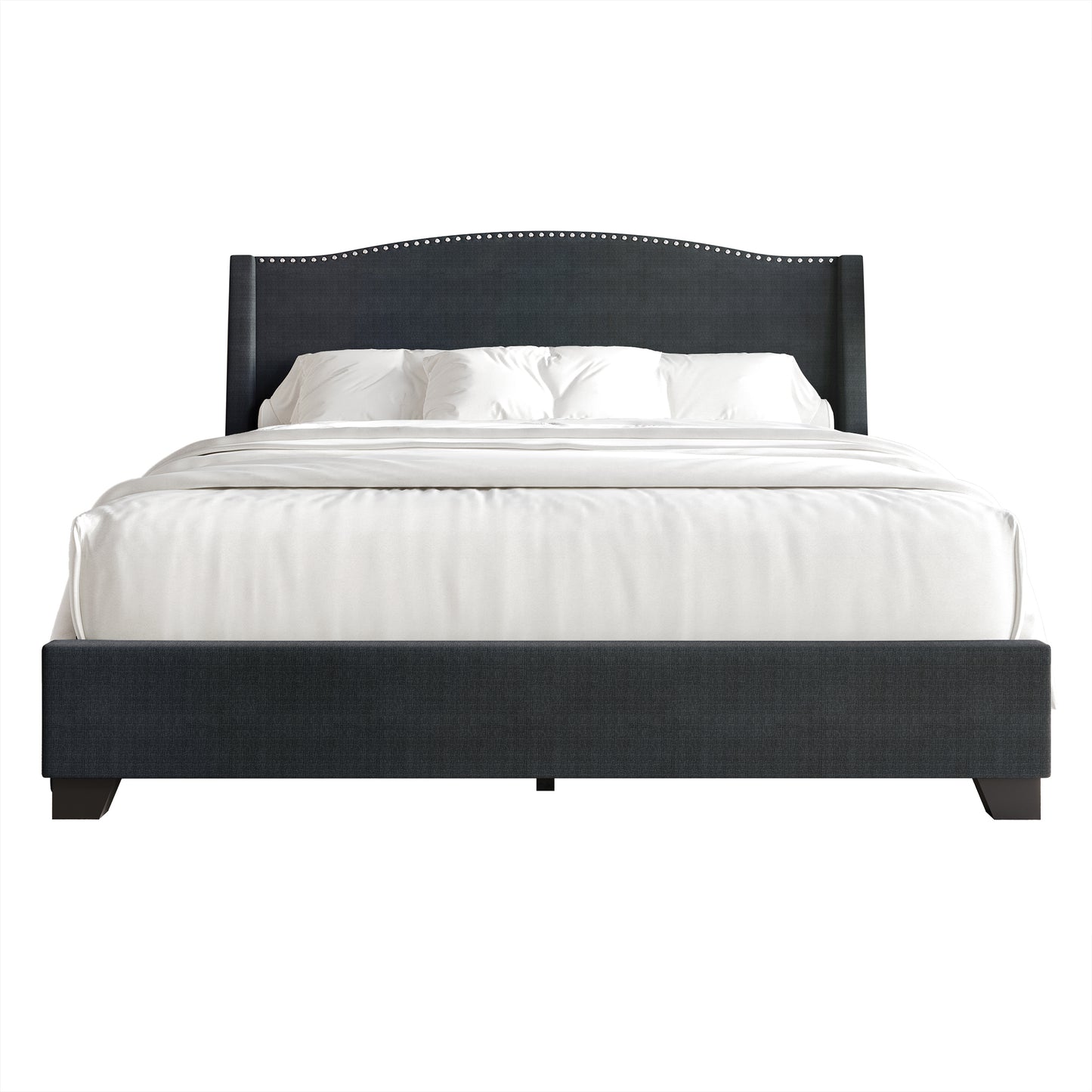 Nikrae Chrome Nailhead Wingback Upholstered Bed with Drawers
