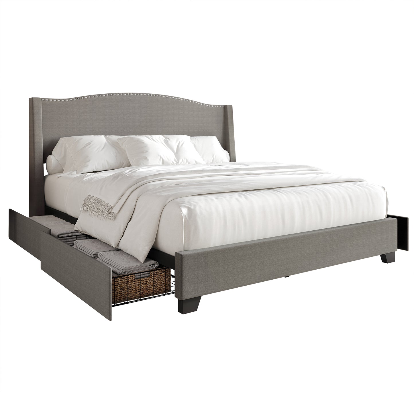 Nikrae Chrome Nailhead Wingback Upholstered Bed with Drawers