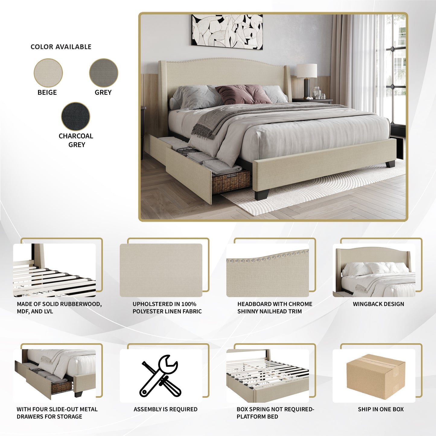 Nikrae Chrome Nailhead Wingback Upholstered Bed with Drawers