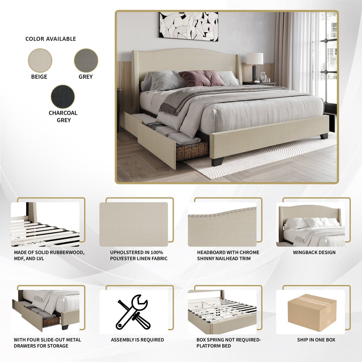 Nikrae Chrome Nailhead Wingback Upholstered Bed with Drawers