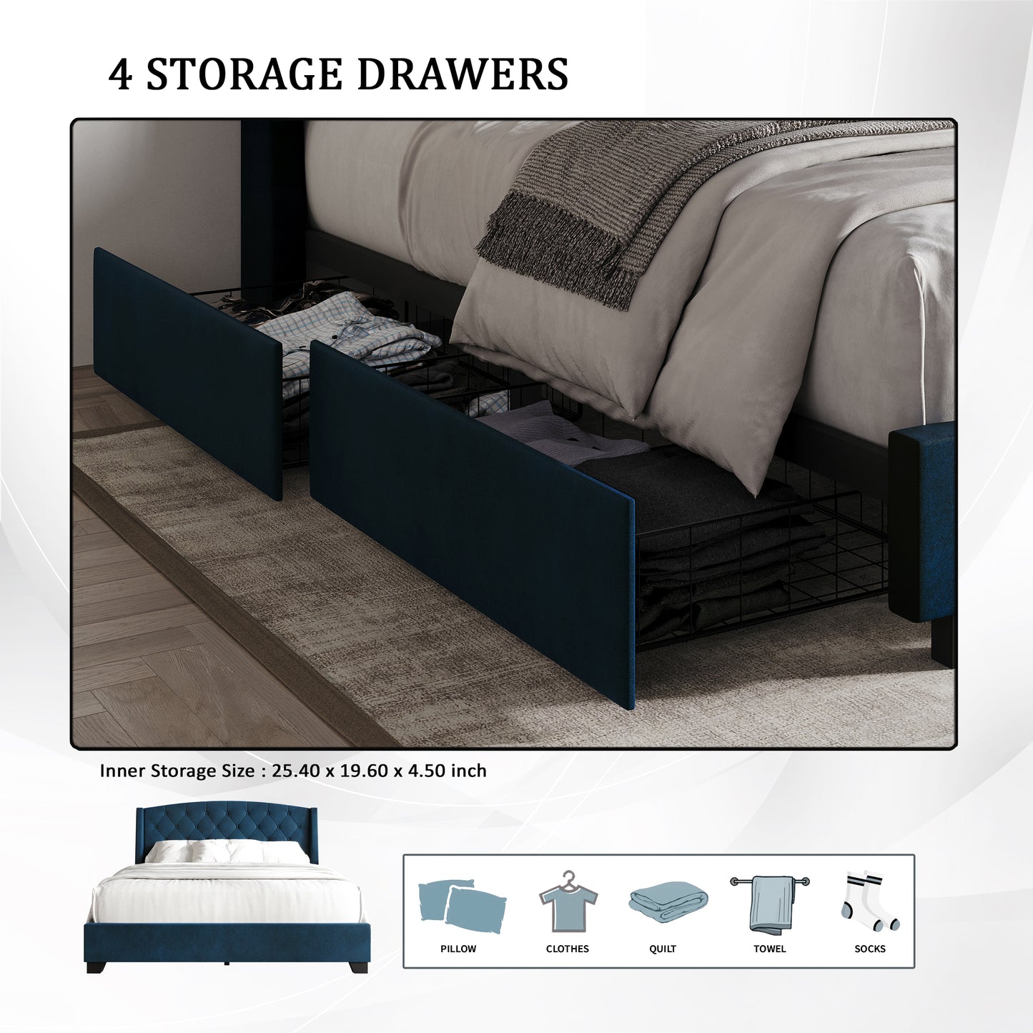 Laksha Button Tufted Wingback Upholstered Bed with Drawers