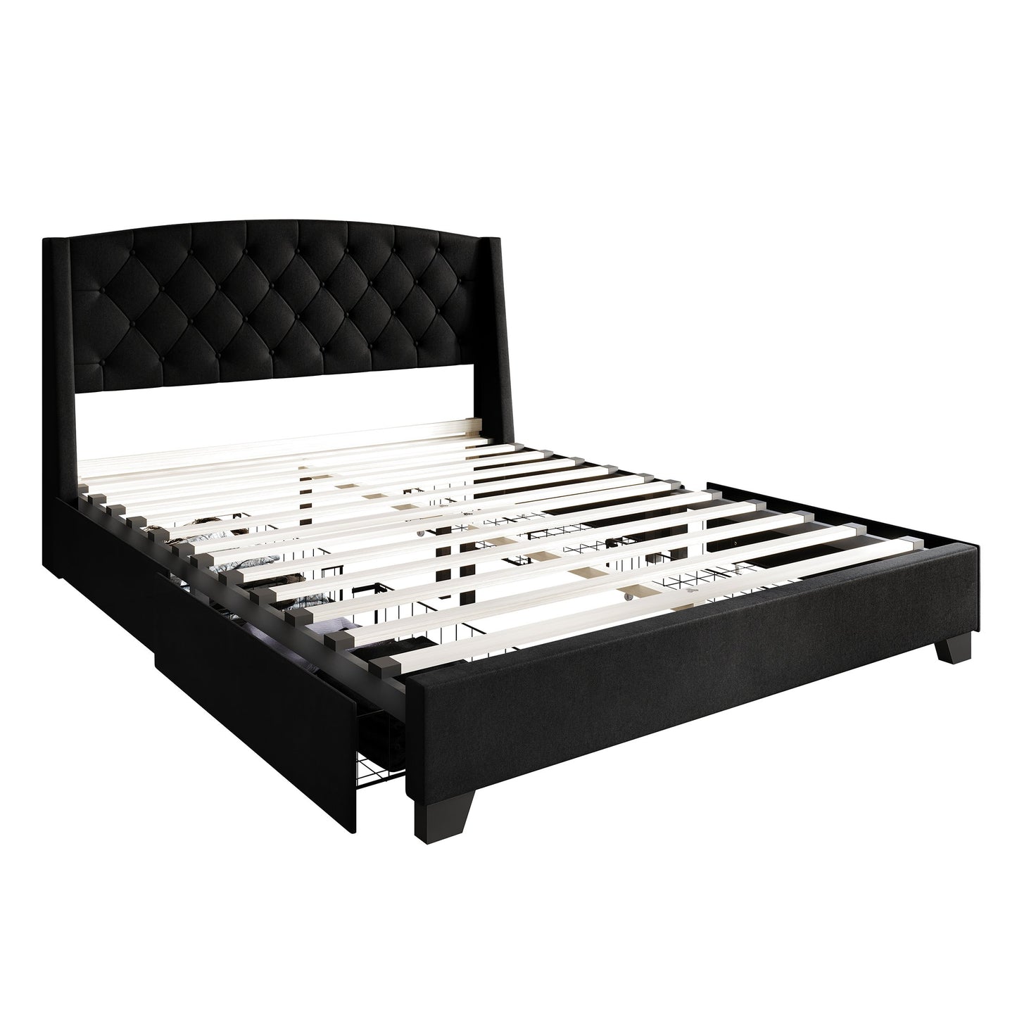 Laksha Button Tufted Wingback Upholstered Bed with Drawers