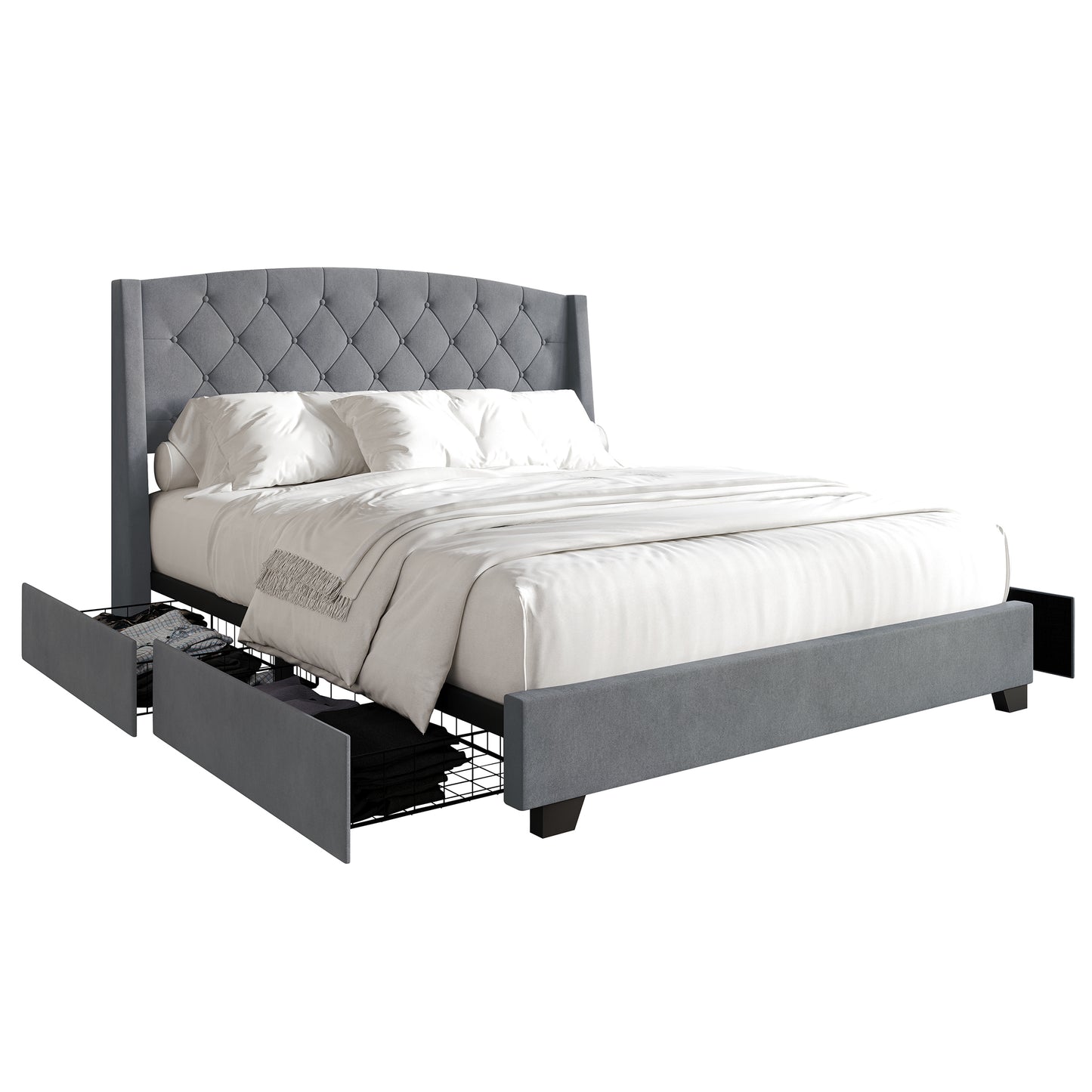 Laksha Button Tufted Wingback Upholstered Bed with Drawers