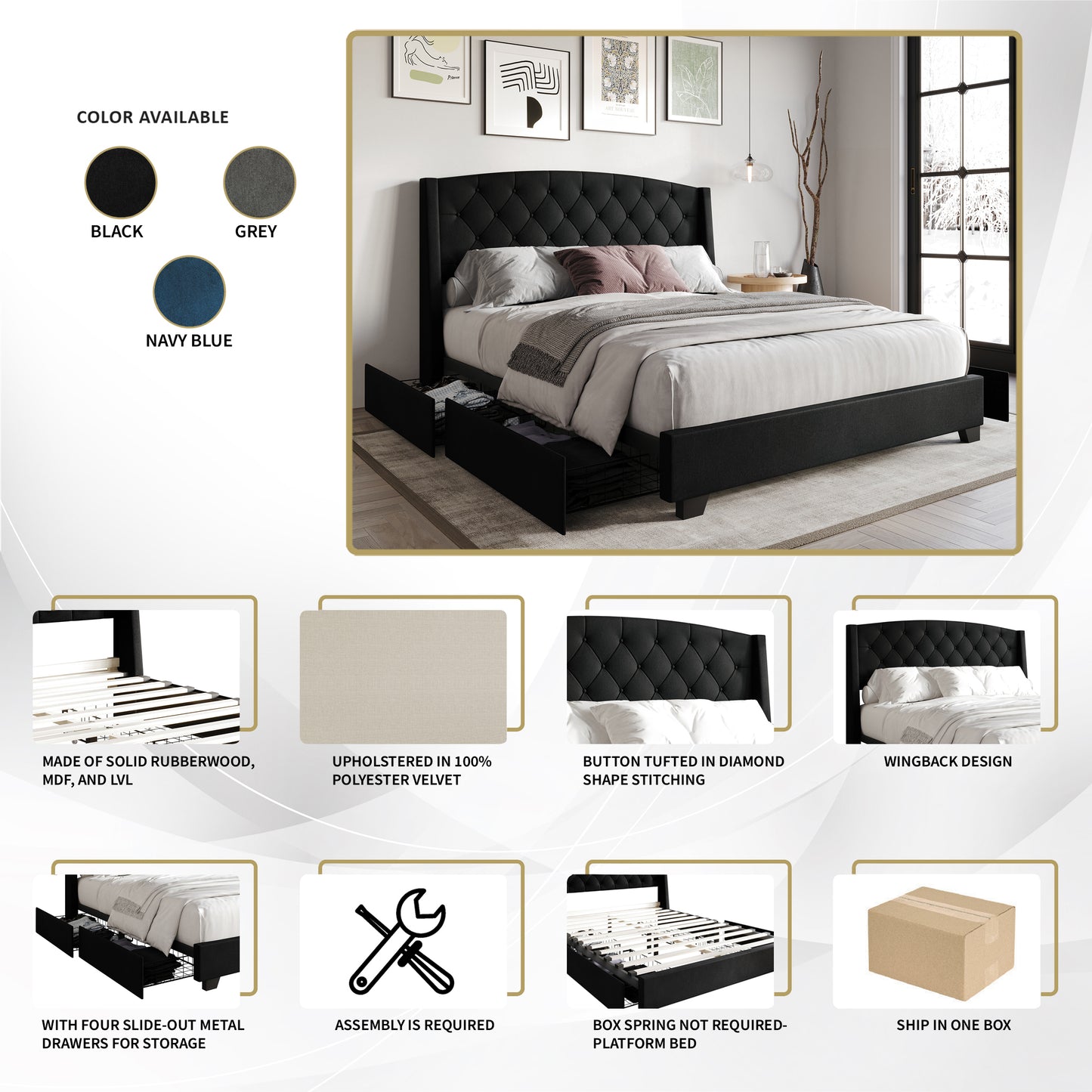 Laksha Button Tufted Wingback Upholstered Bed with Drawers
