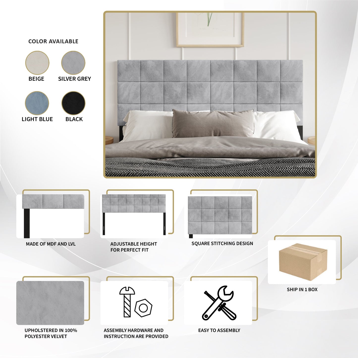 Danijela Square Stitching Velvet Upholstered Headboard