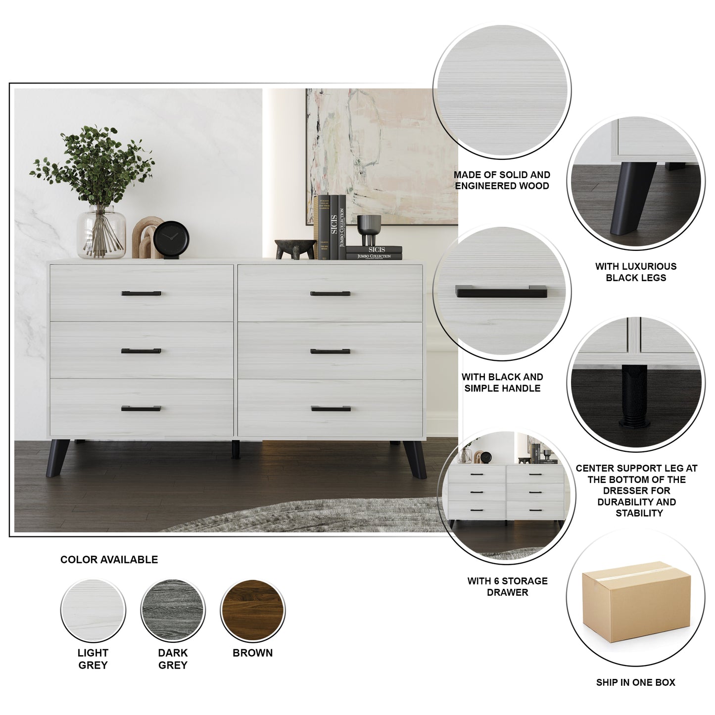 Jeweldine Style 6-Drawers Wooden Dresser