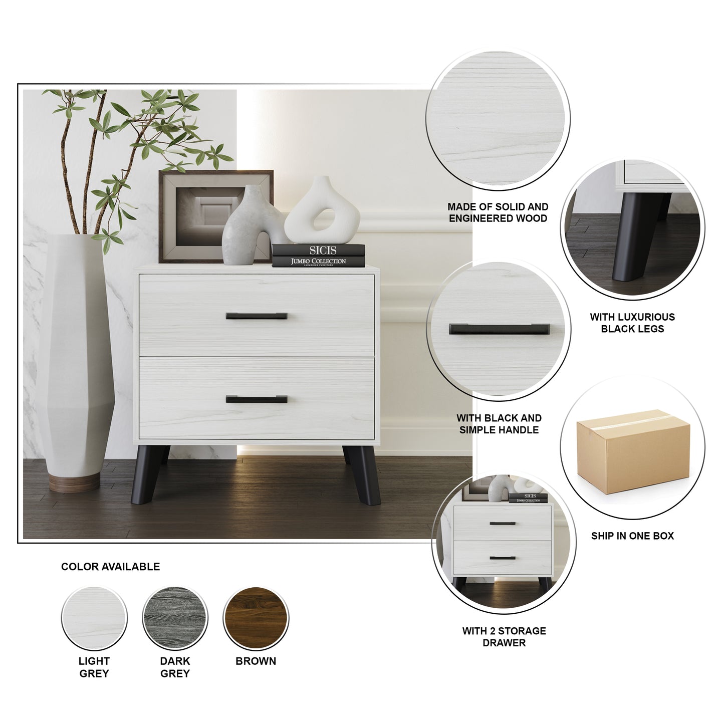 Jeweldine Style 2-Drawers Wooden Nightstand