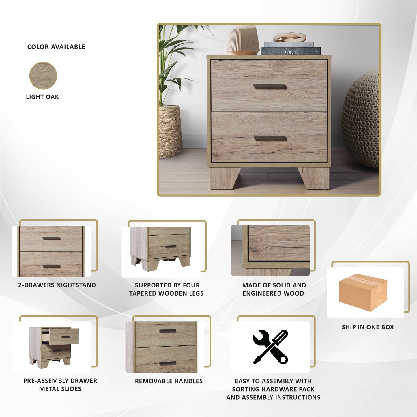 Rothger Clean-Lines 2-Drawers Wooden Nightstand