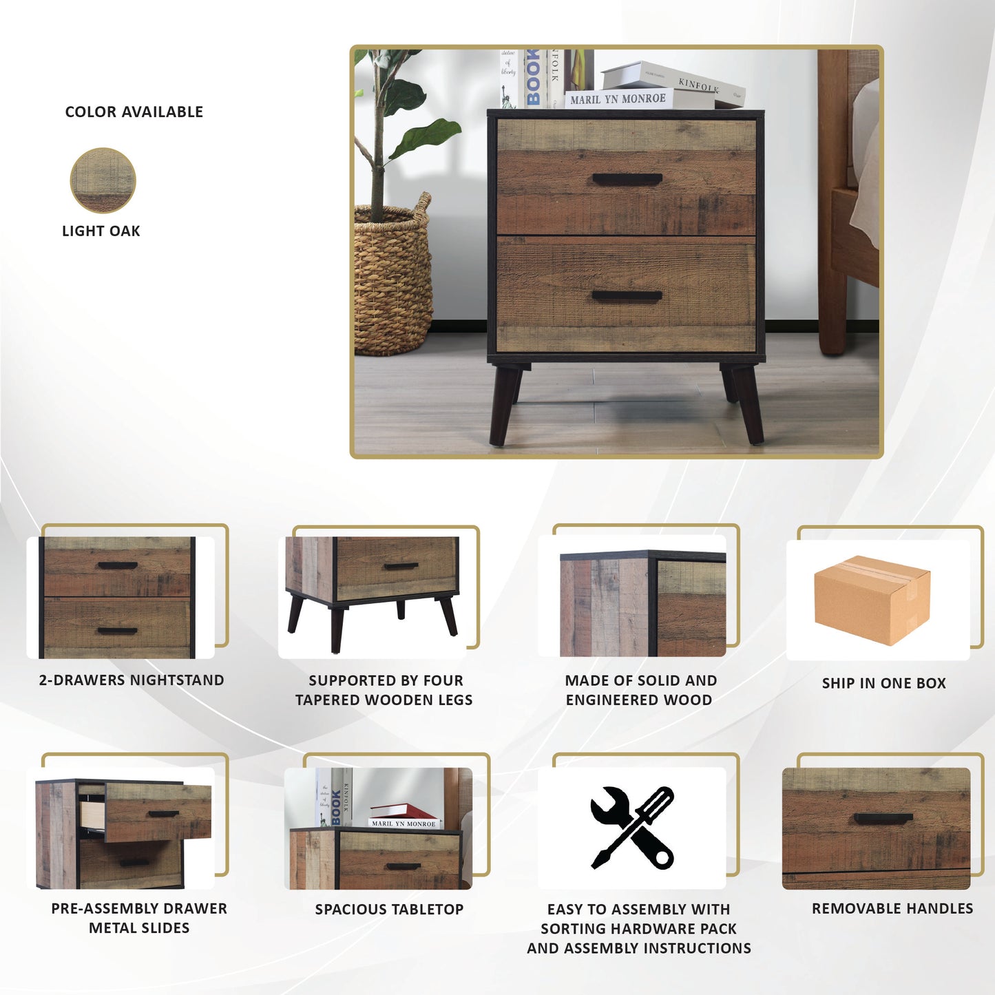 Rothger Rustic Elegant 2-Drawers Wooden Nightstand