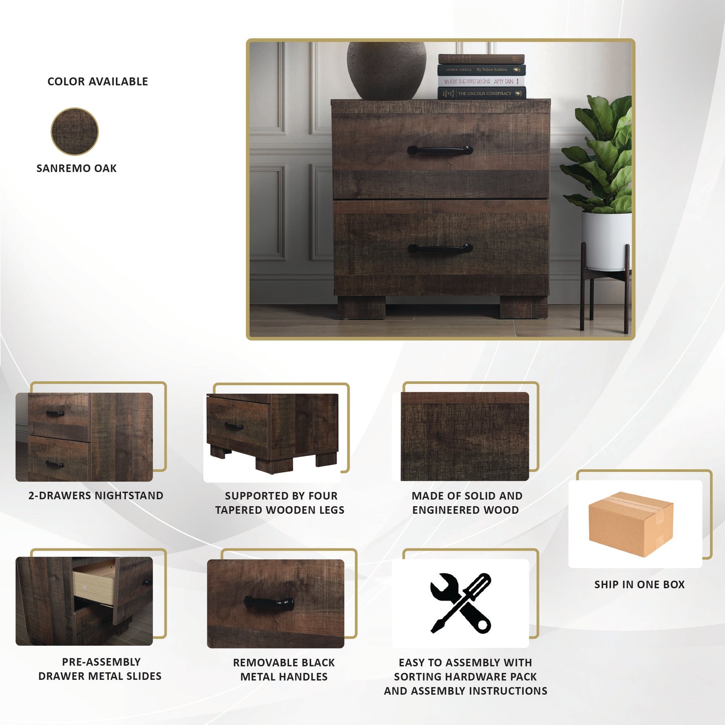 Rudolf Vintage Style 2-Drawers Wooden Nightstand