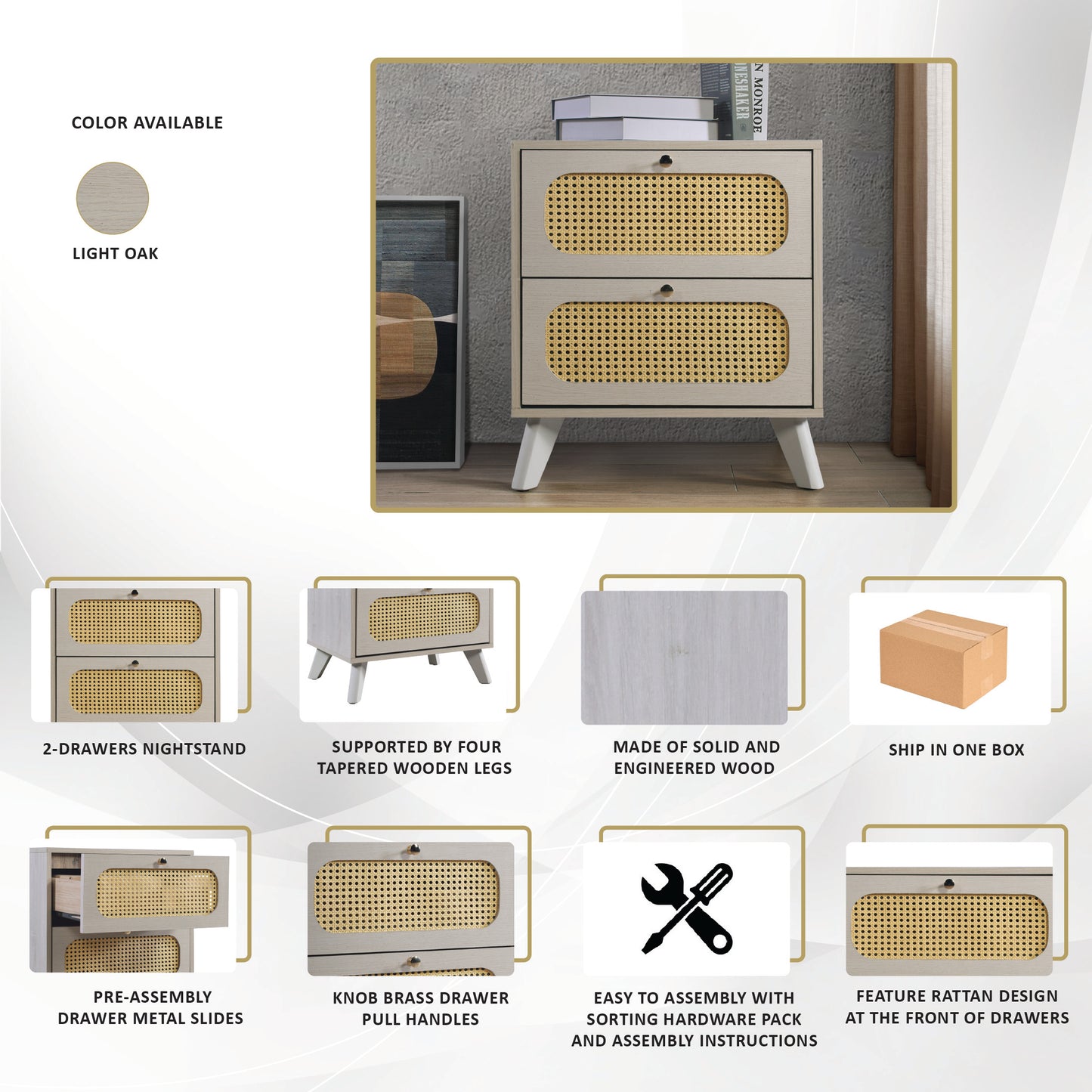 Adalade Rustic Modern 2-Drawers Wooden Nightstand
