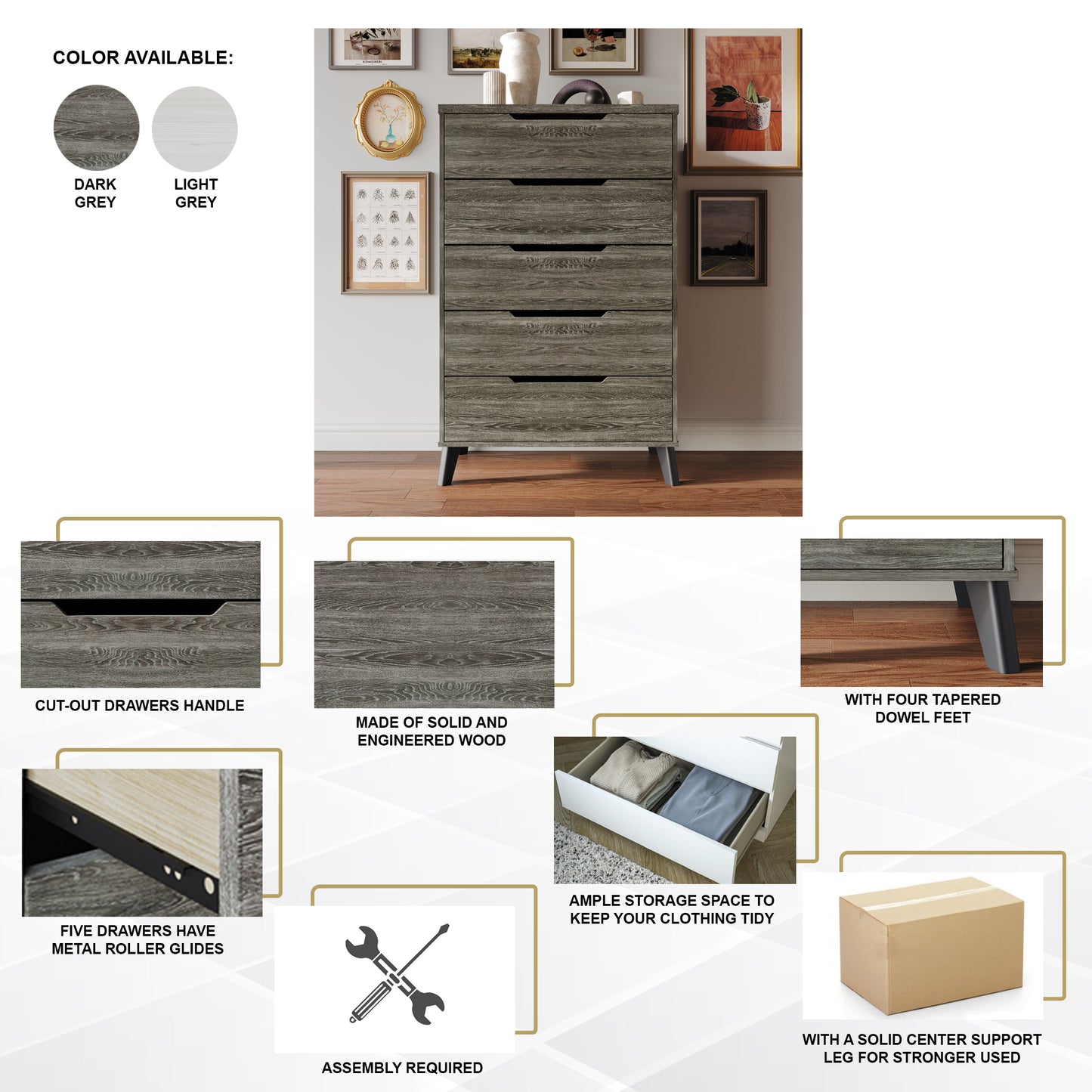 Ihor Chic and Vintage Wooden Chest with 5 drawers