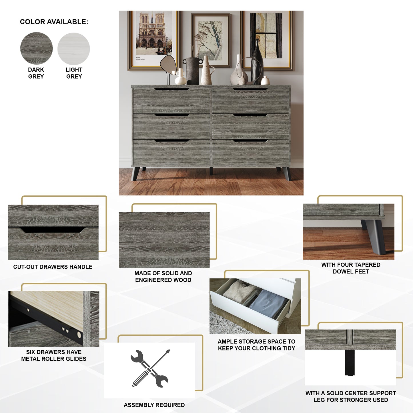 Ihor Chic and Vintage Wooden Dresser with 6 drawers