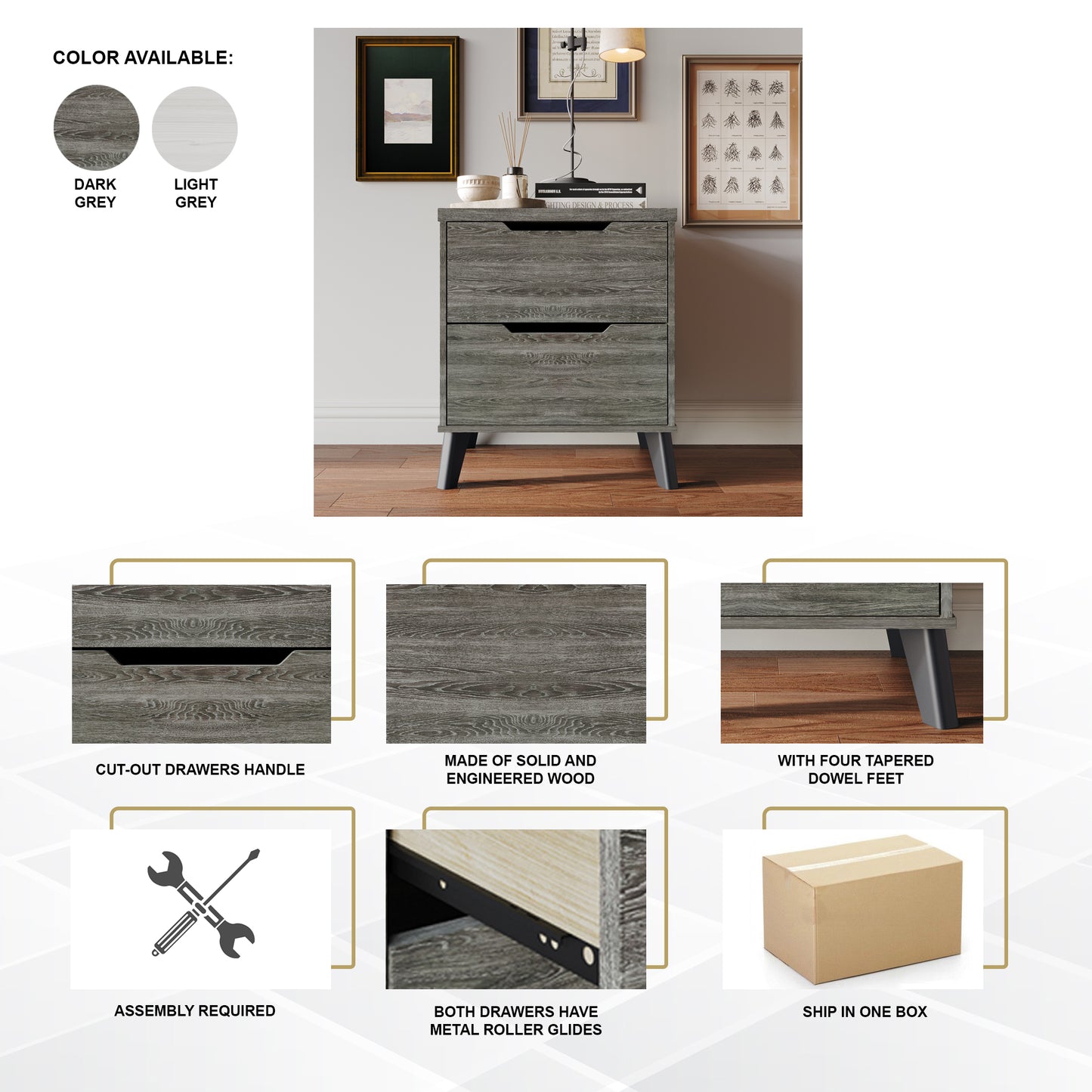 Ihor Chic and Vintage Wooden Nightstand with 2 drawers