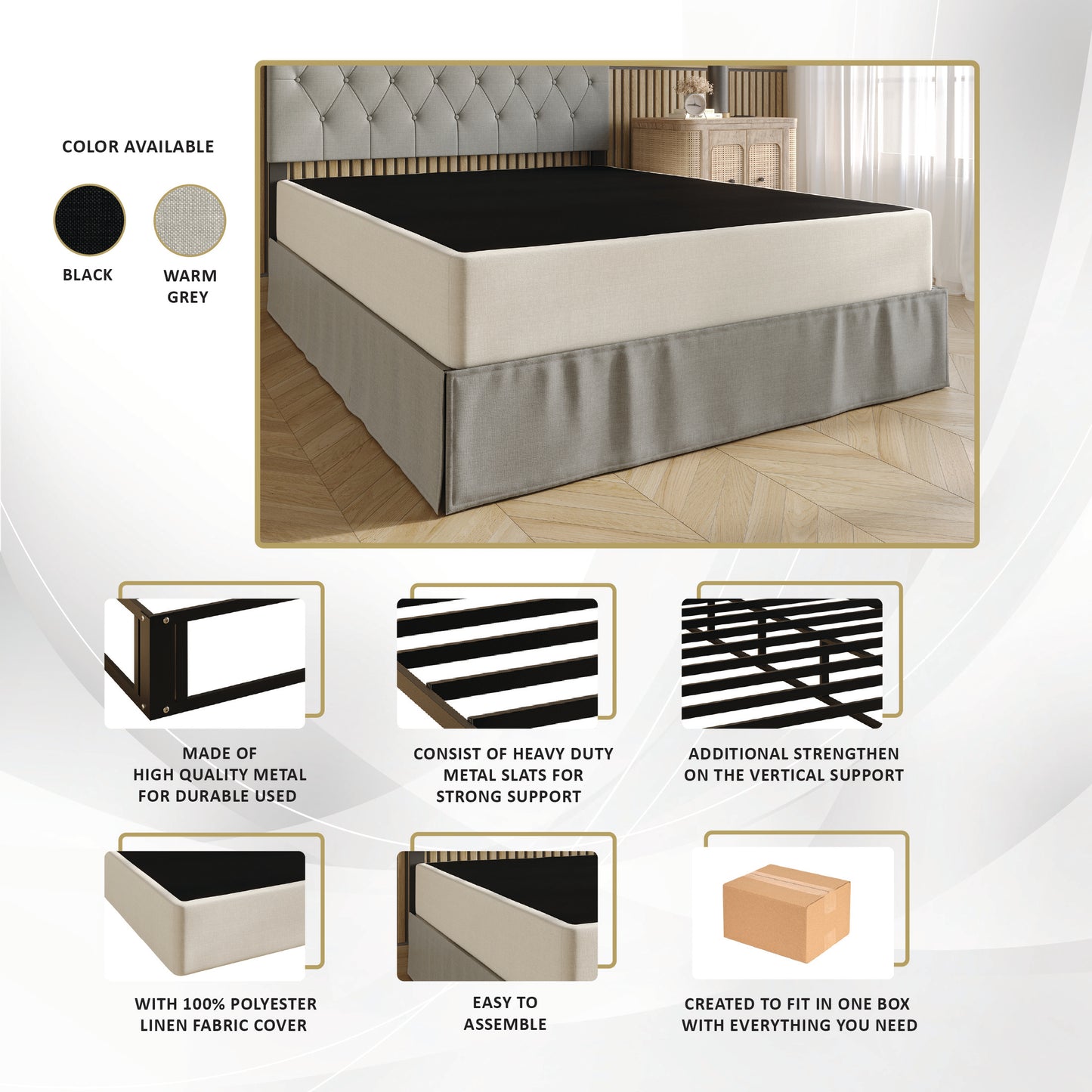 Aroon 5-Inch Metal Box Spring with Black Linen Cover