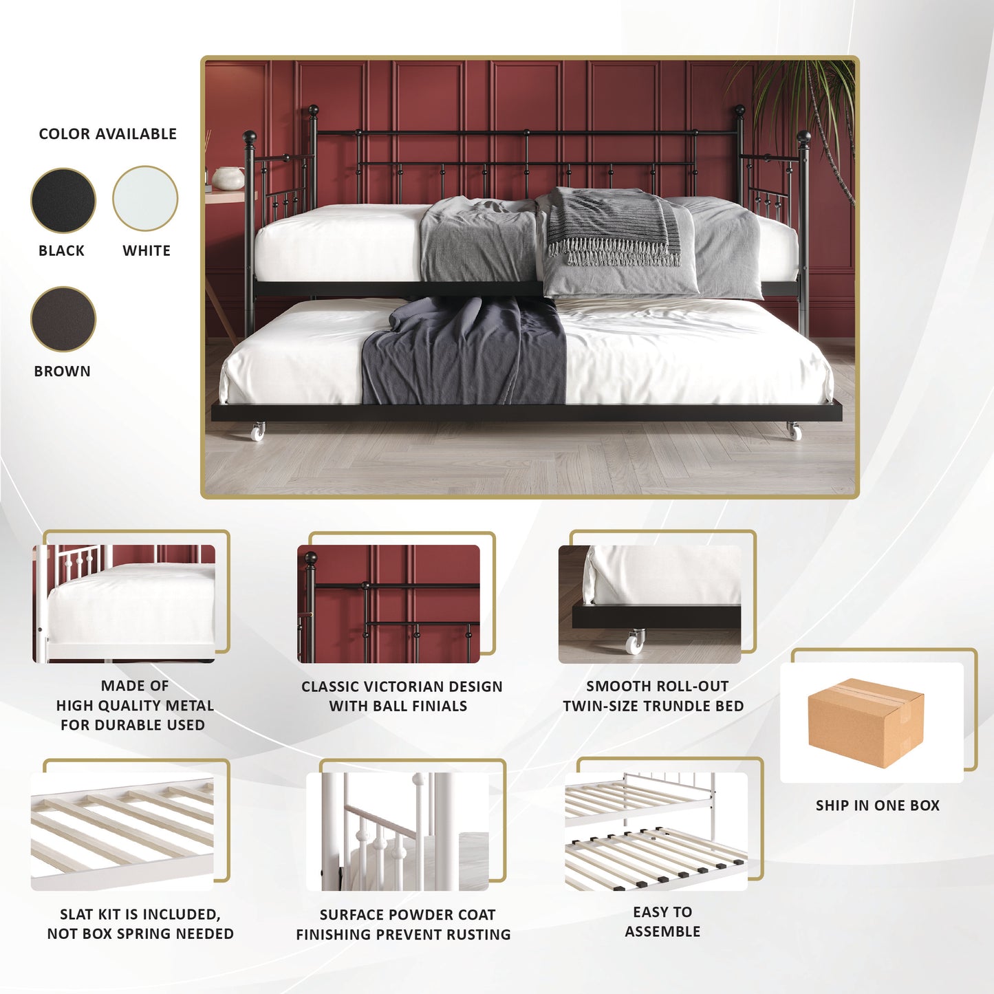 Keilyn Victorian Metal Twin Daybed with Trundle