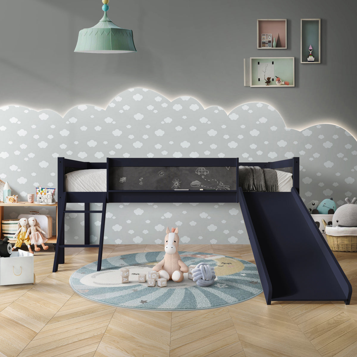 Airielle Twin Low Loft Bed with Chalkboard, Slide and Ladder