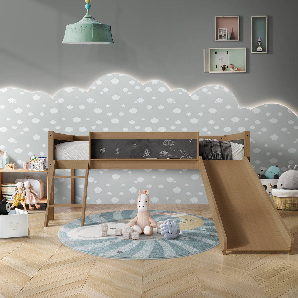 Airielle Twin Low Loft Bed with Chalkboard, Slide and Ladder
