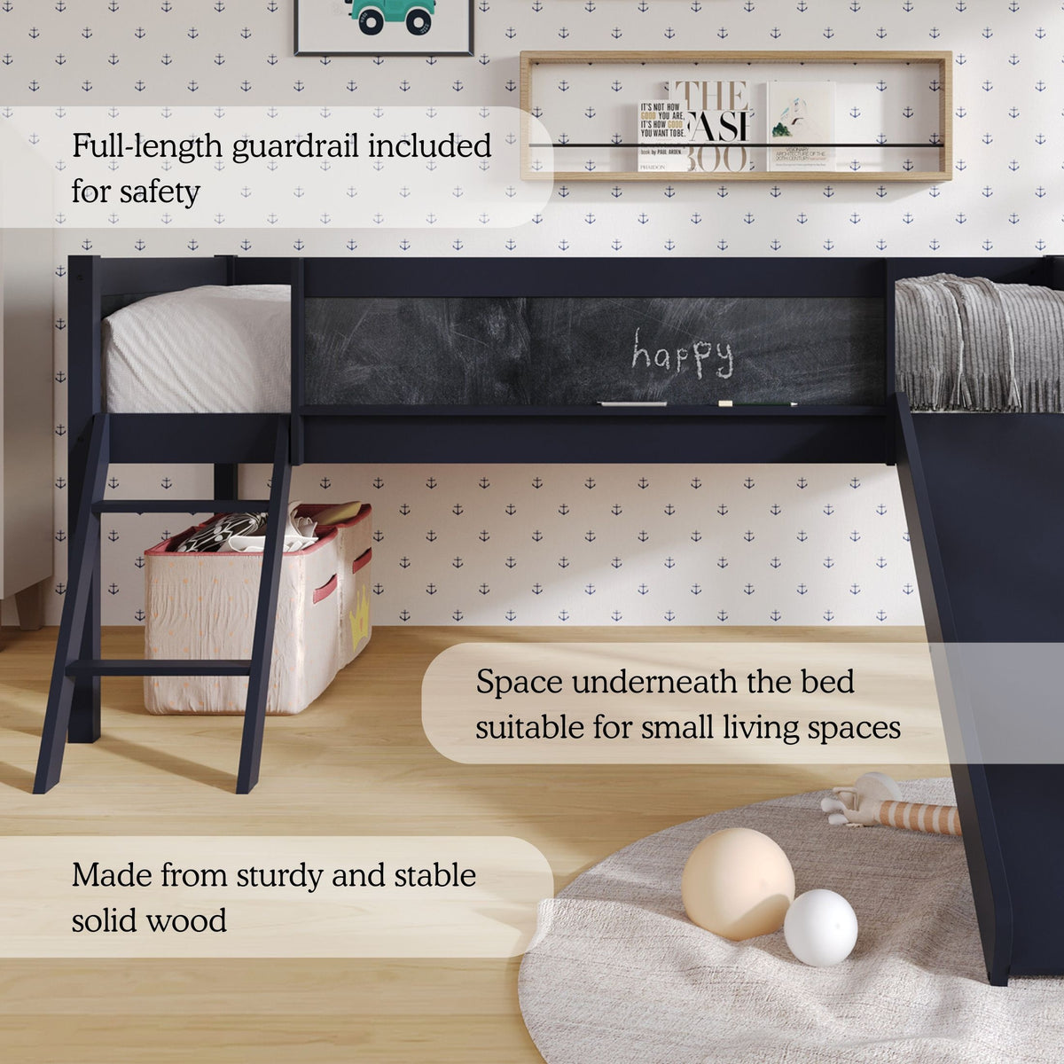Airielle Twin Low Loft Bed with Chalkboard, Slide and Ladder
