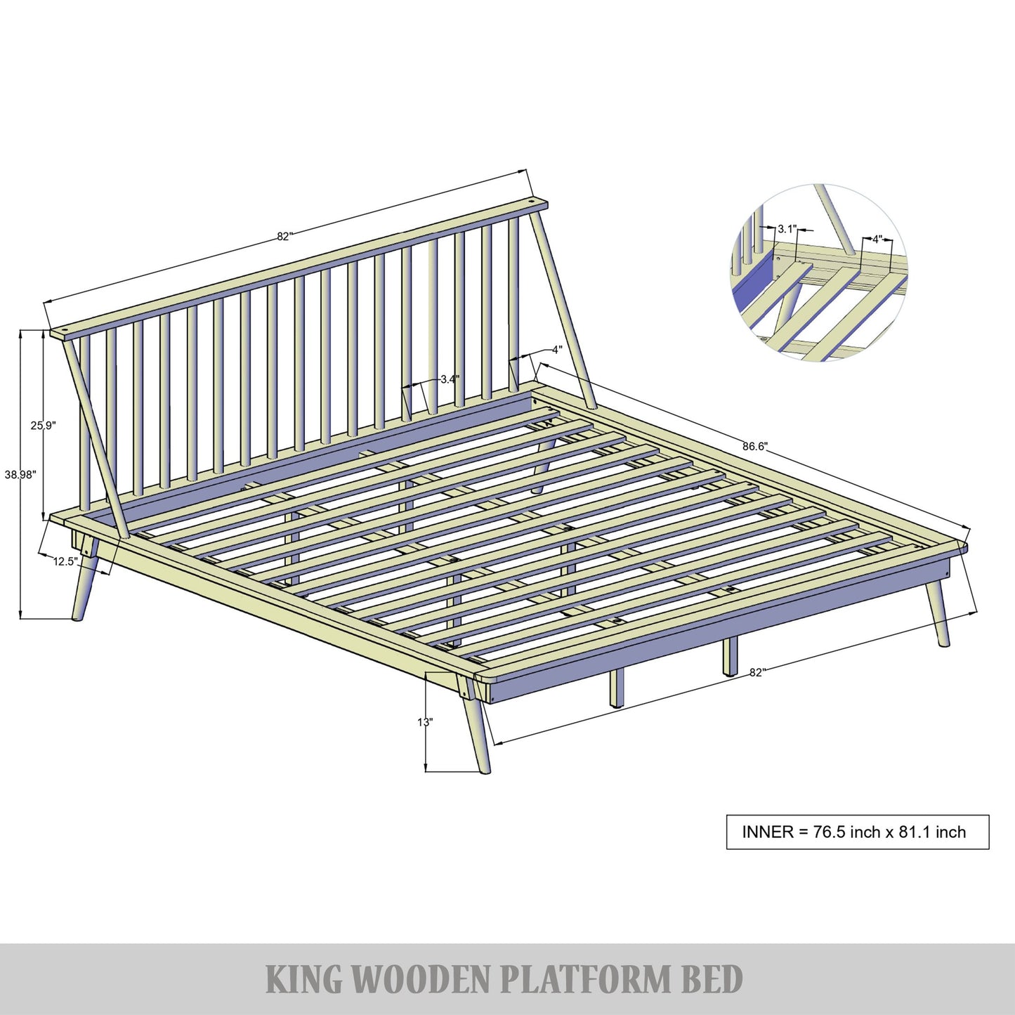 Kierin Vintage Wooden Platform Bed