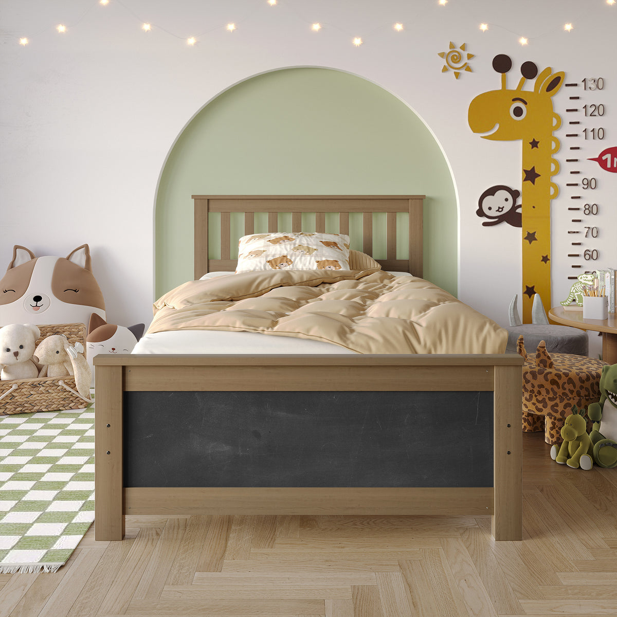 Wooden Platform Bed Frame with Slatted Headboard