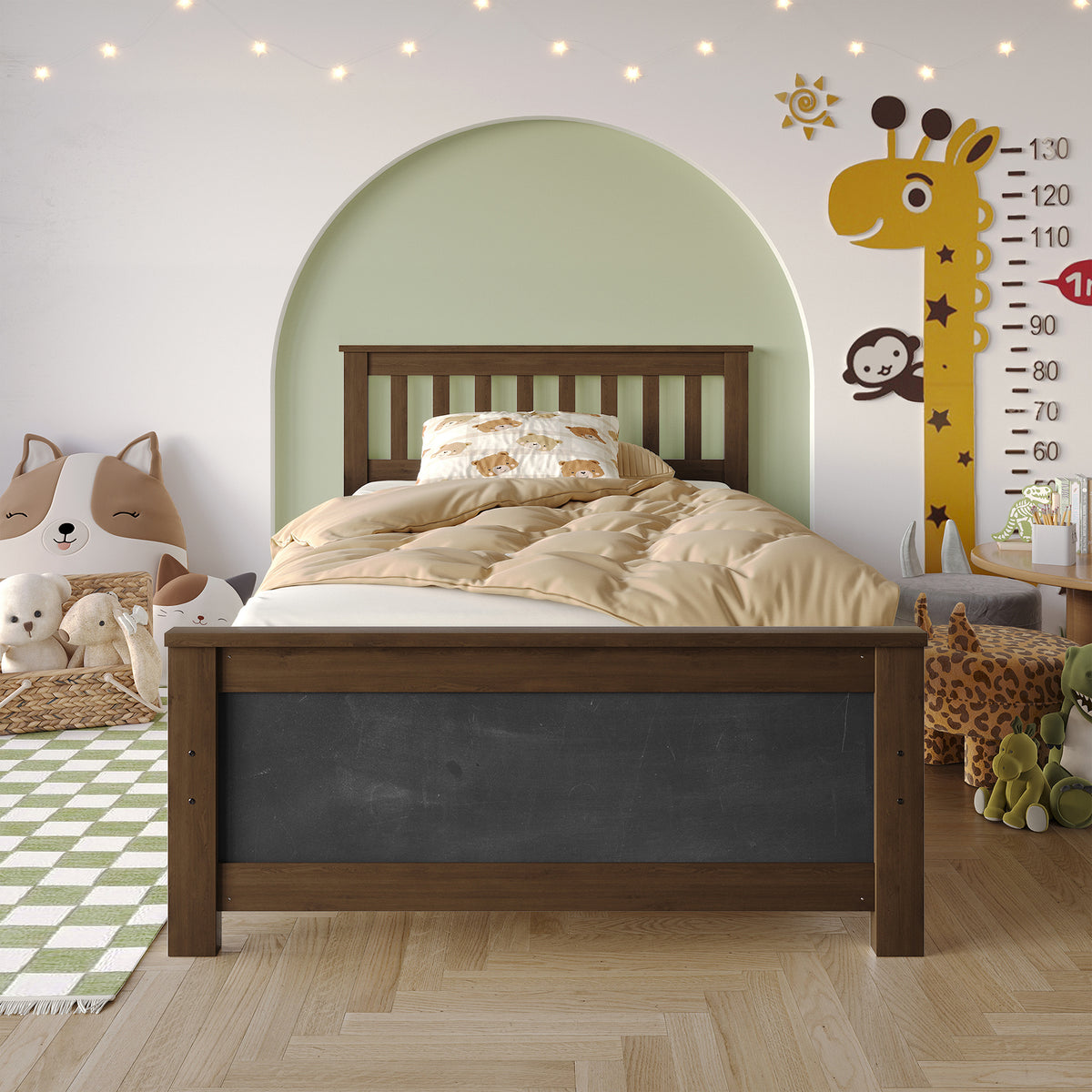 Wooden Platform Bed Frame with Slatted Headboard