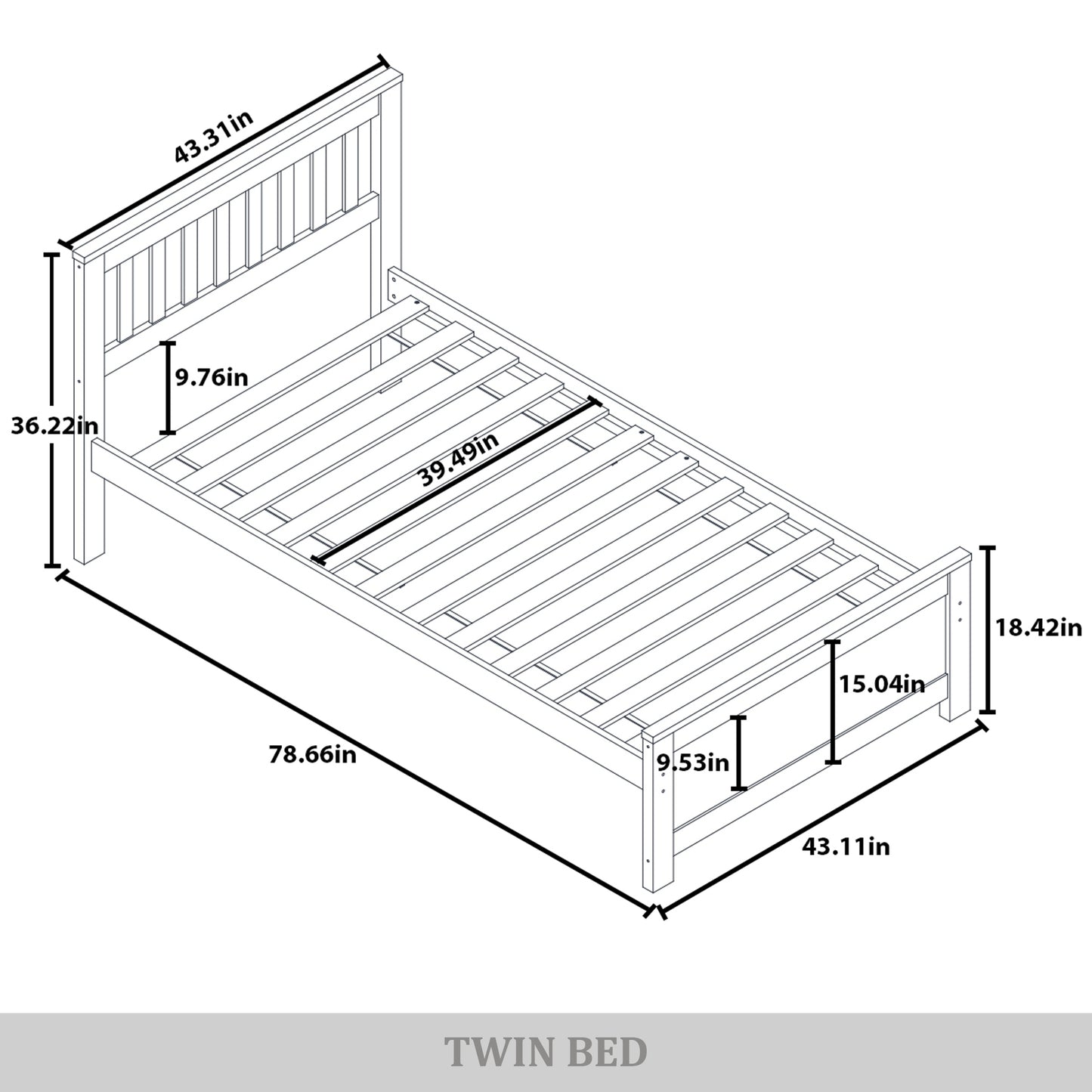 Wooden Platform Bed Frame with Slatted Headboard