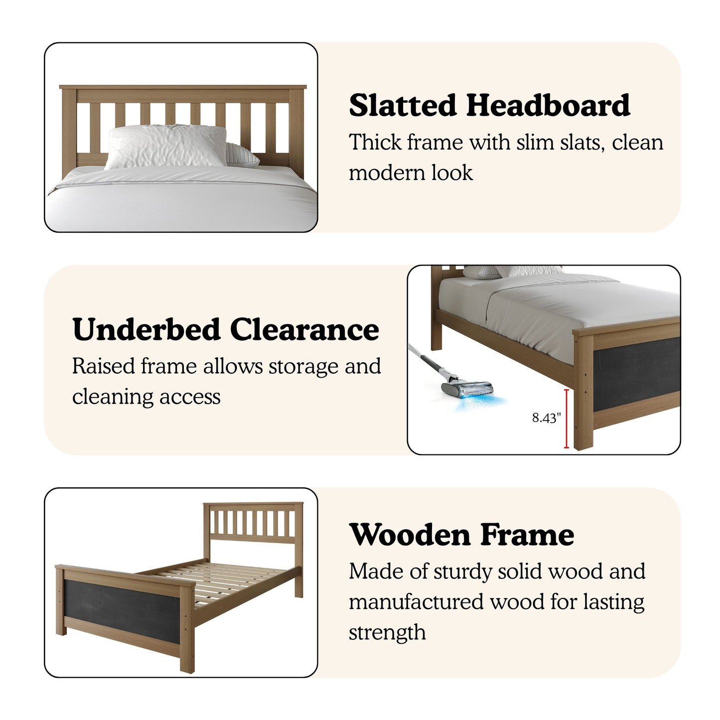 Wooden Platform Bed Frame with Slatted Headboard