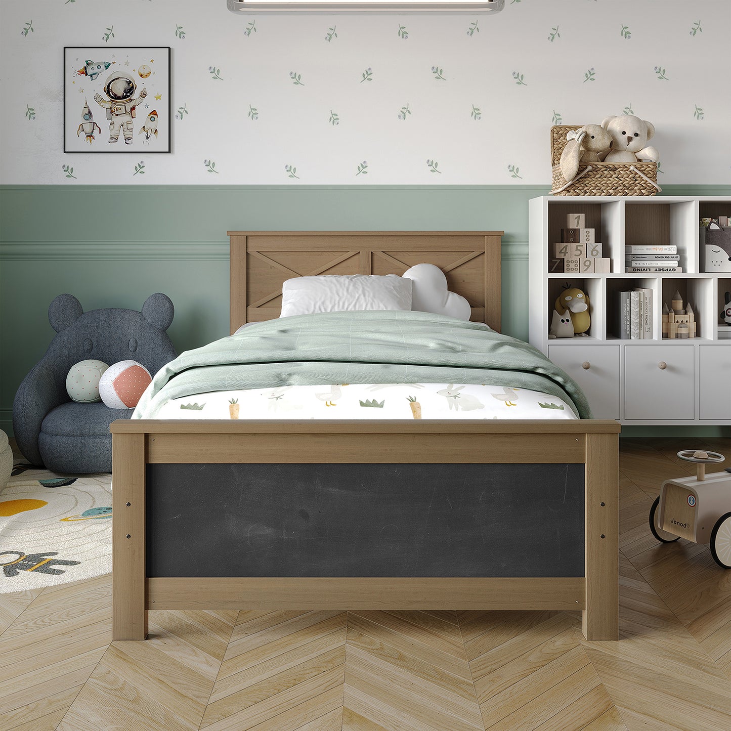 Wooden Platform Bed Frame with Chalkboard Footboard