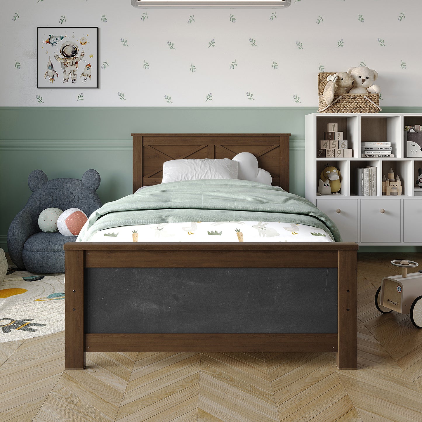 Wooden Platform Bed Frame with Chalkboard Footboard