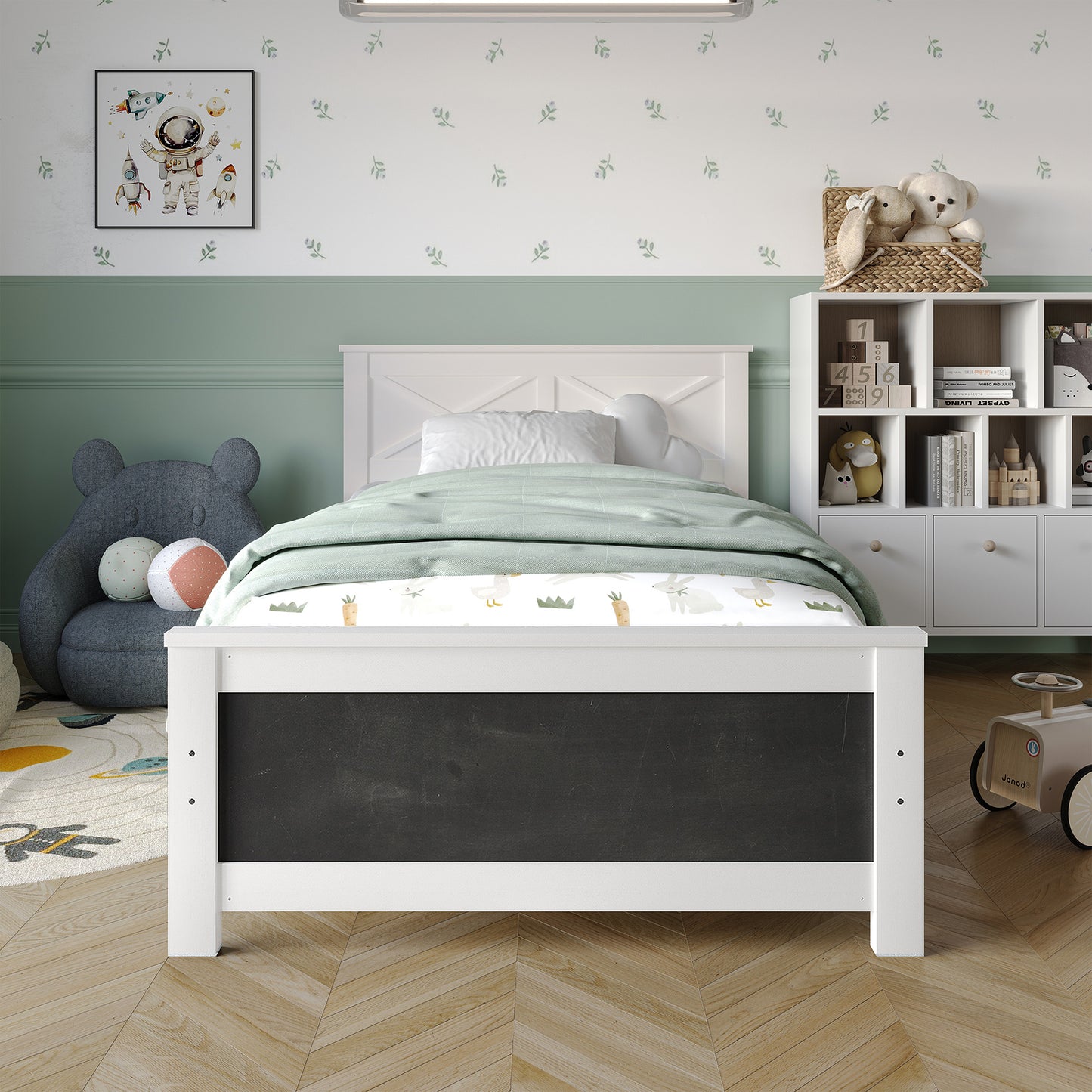 Wooden Platform Bed Frame with Chalkboard Footboard