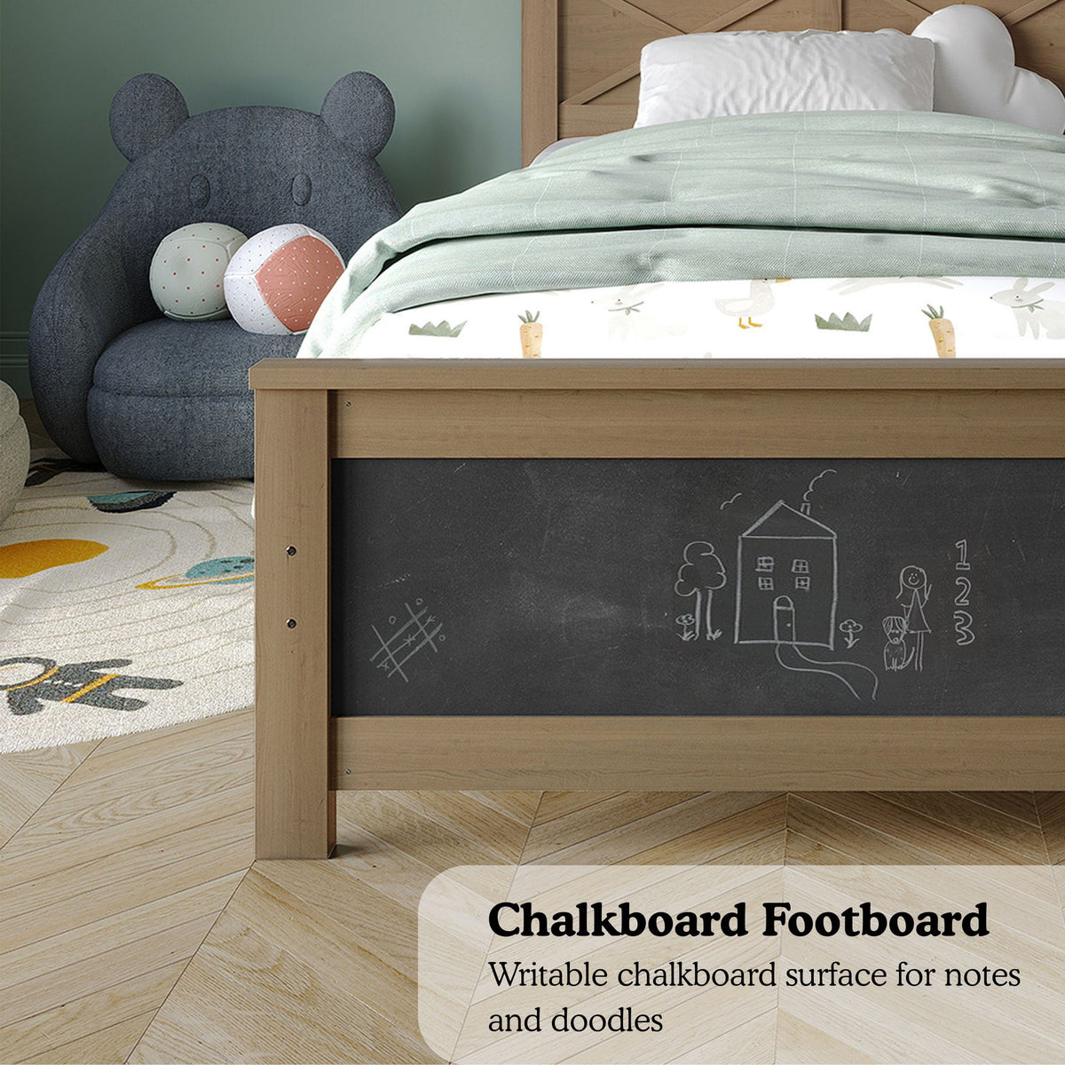 Wooden Platform Bed Frame with Chalkboard Footboard