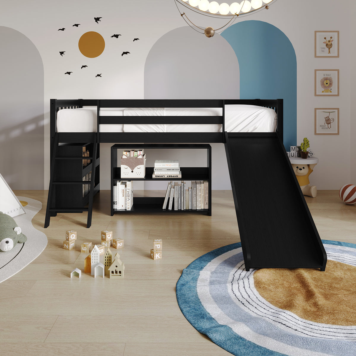 Low Loft Bed with Slide and Storage Shelves