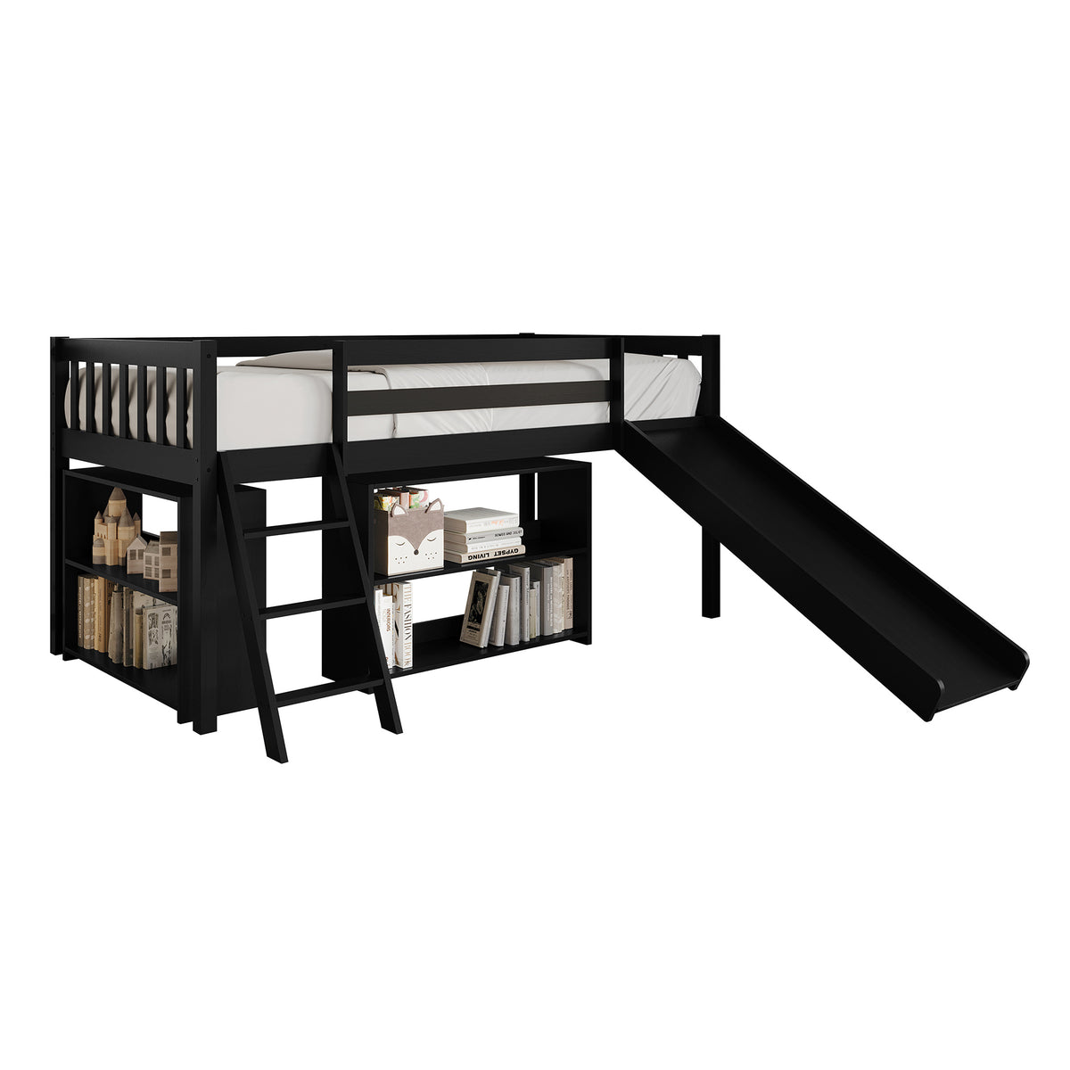 Low Loft Bed with Slide and Storage Shelves