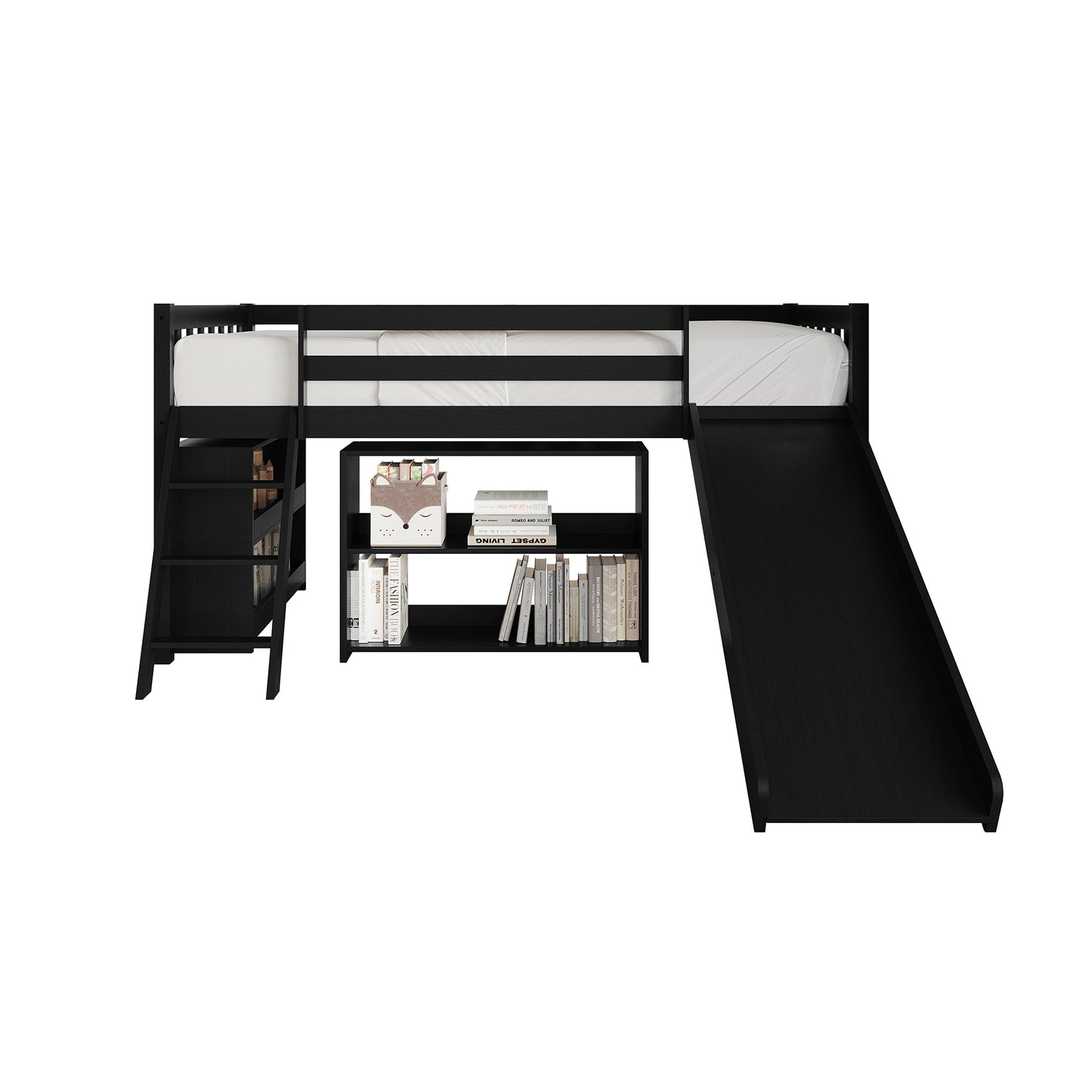 Low Loft Bed with Slide and Storage Shelves