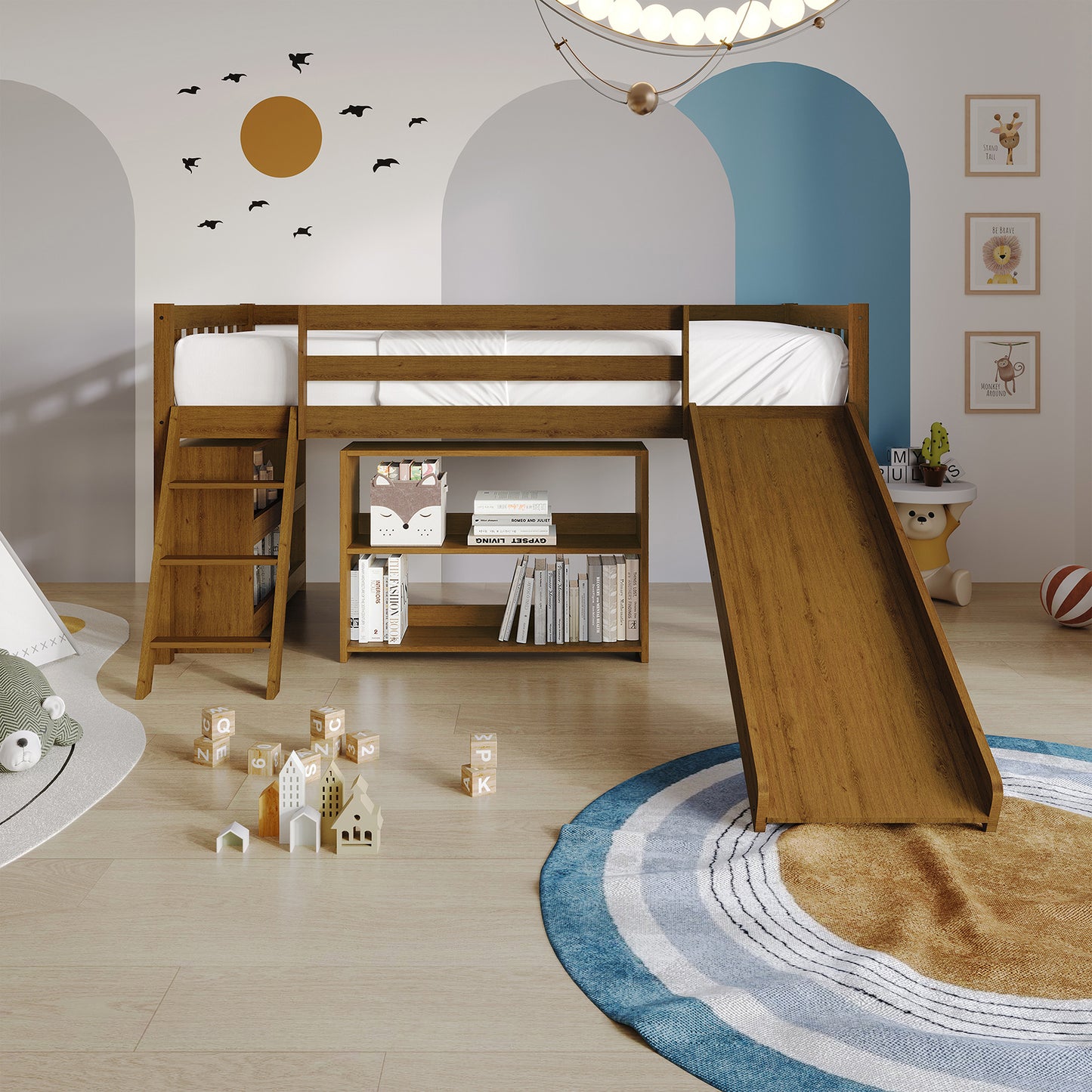 Low Loft Bed with Slide and Storage Shelves