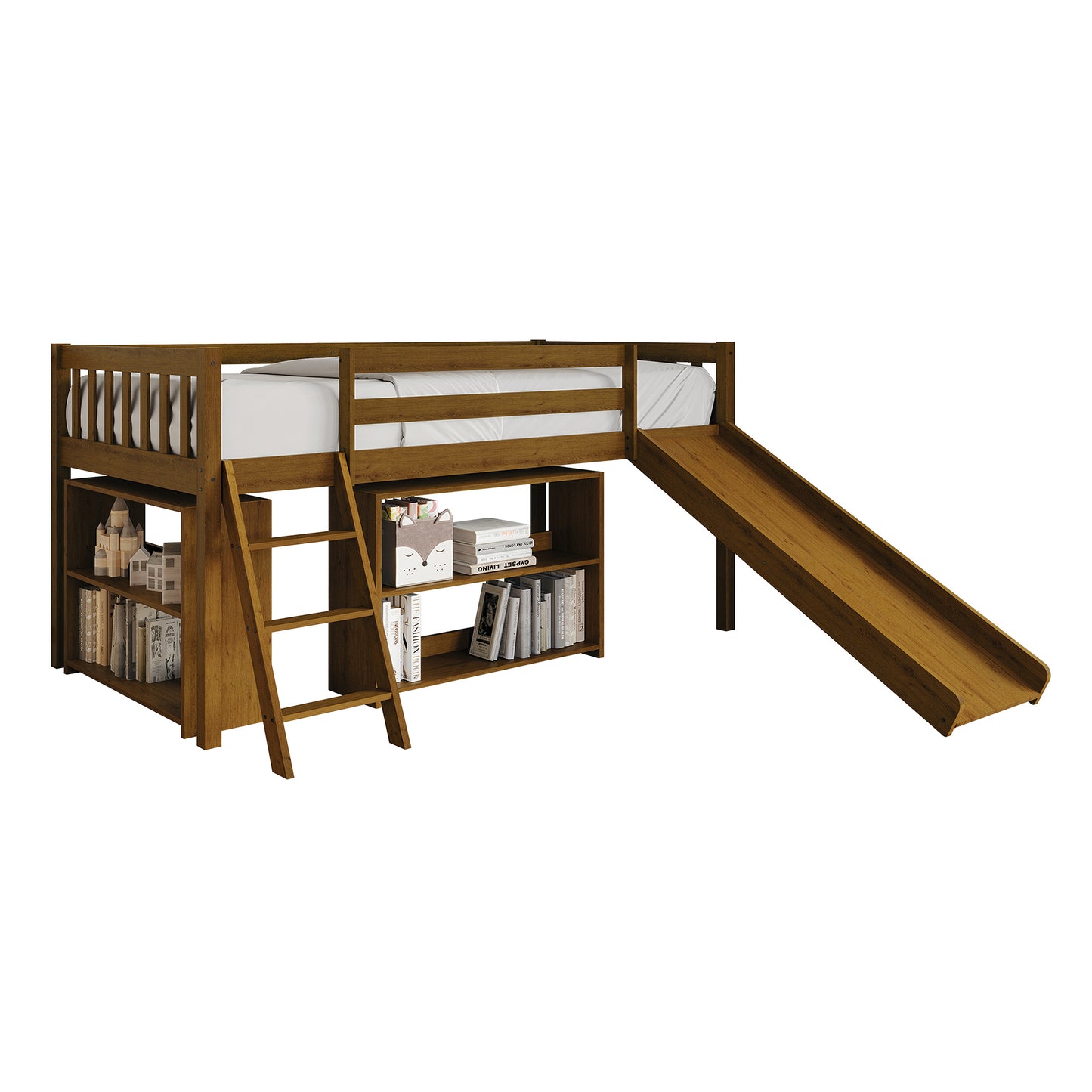 Low Loft Bed with Slide and Storage Shelves