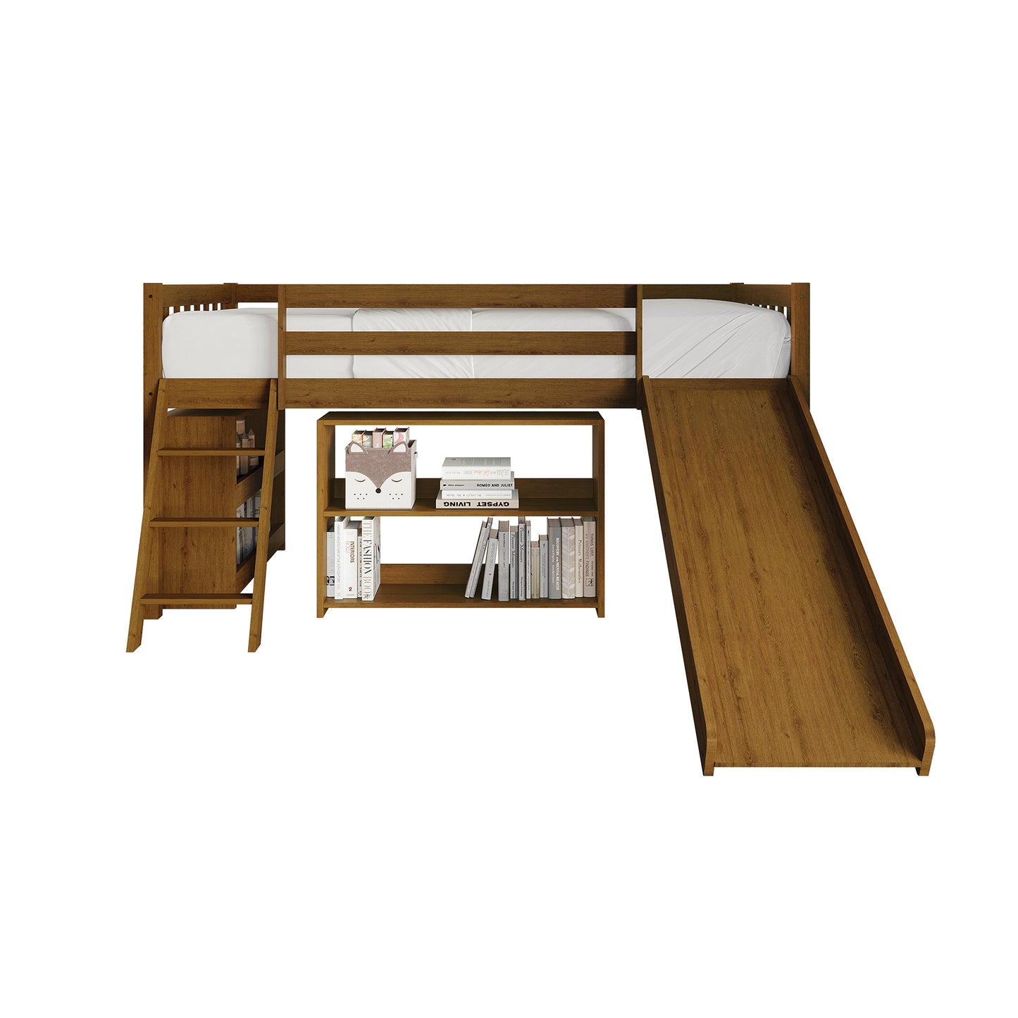 Low Loft Bed with Slide and Storage Shelves