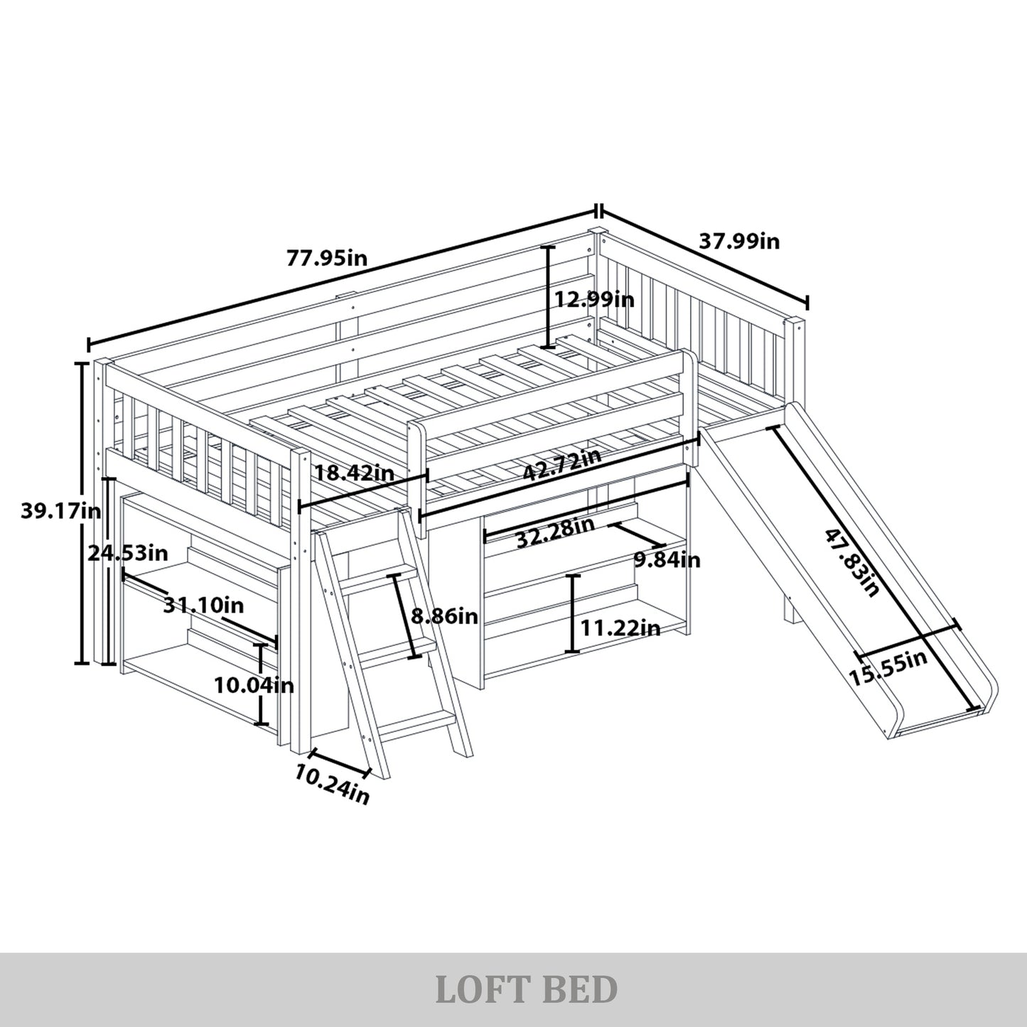 Low Loft Bed with Slide and Storage Shelves