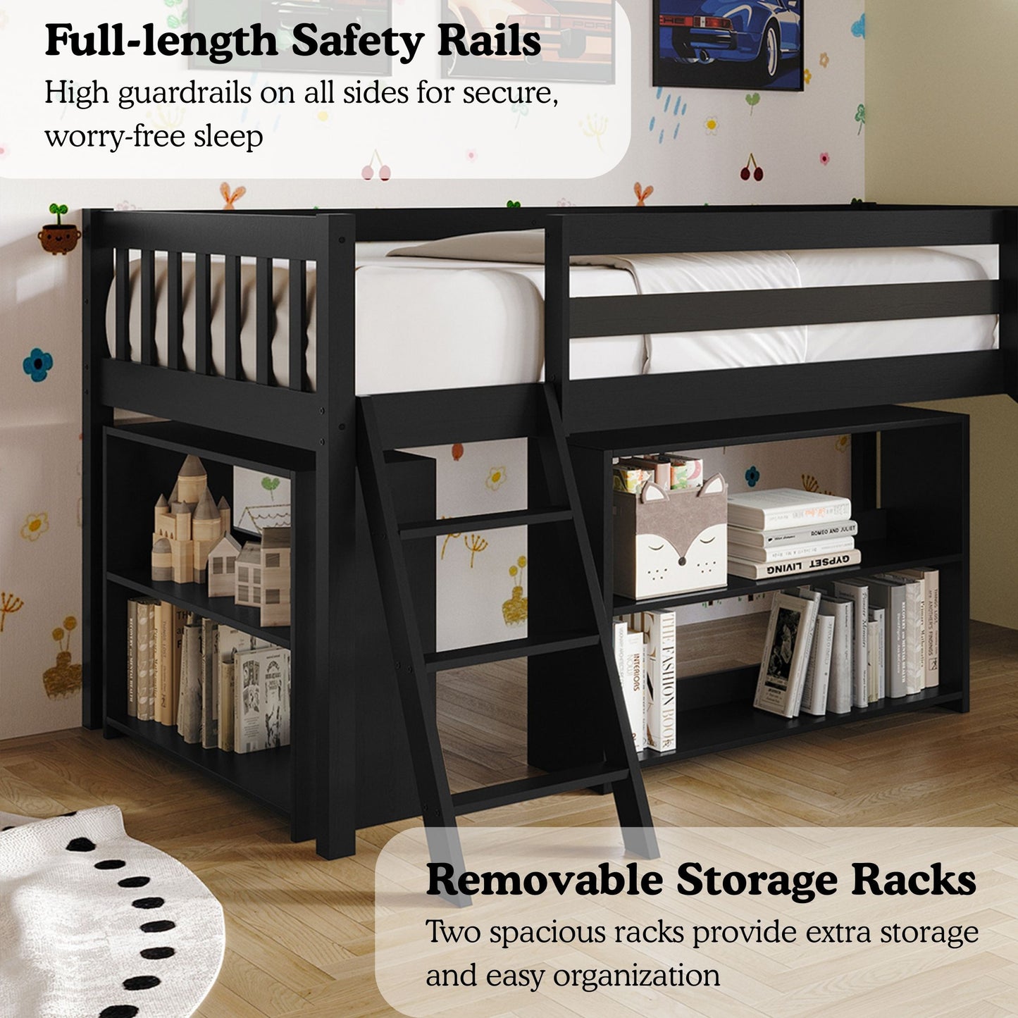Low Loft Bed with Slide and Storage Shelves
