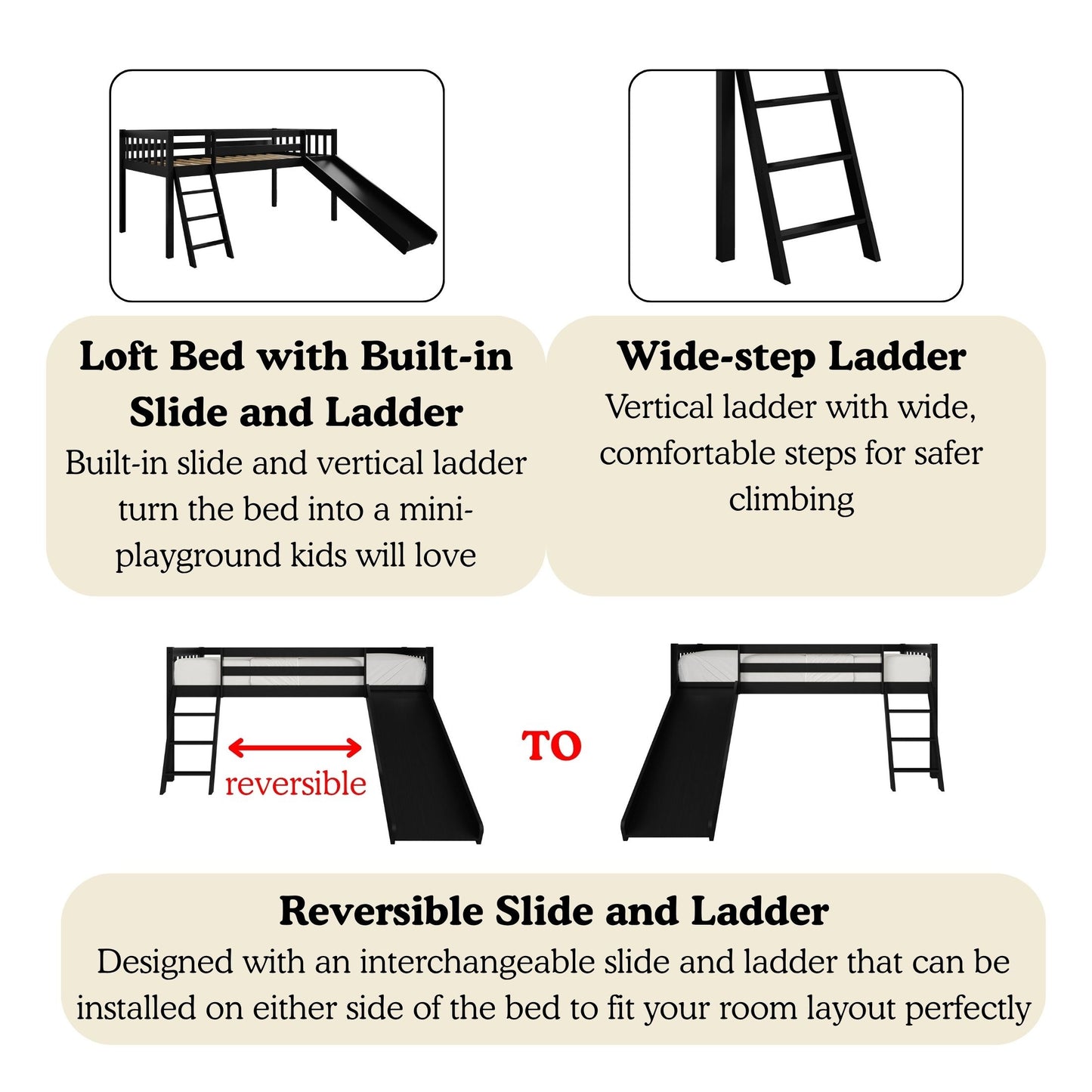 Low Loft Bed with Slide and Storage Shelves