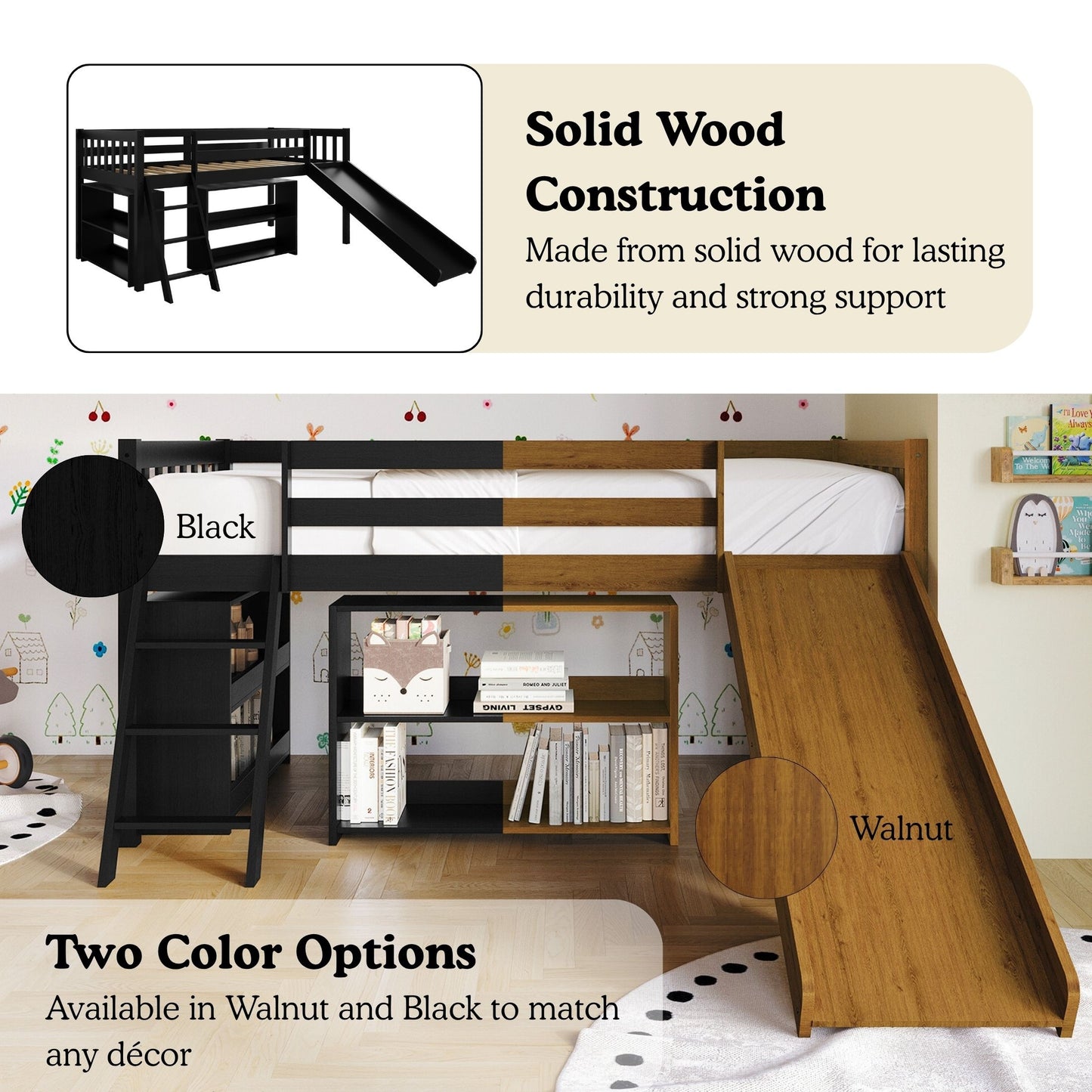 Low Loft Bed with Slide and Storage Shelves