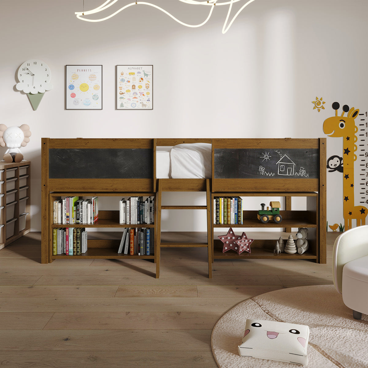 Low Loft Bed with Storage Shelves and Chalkboard Panels