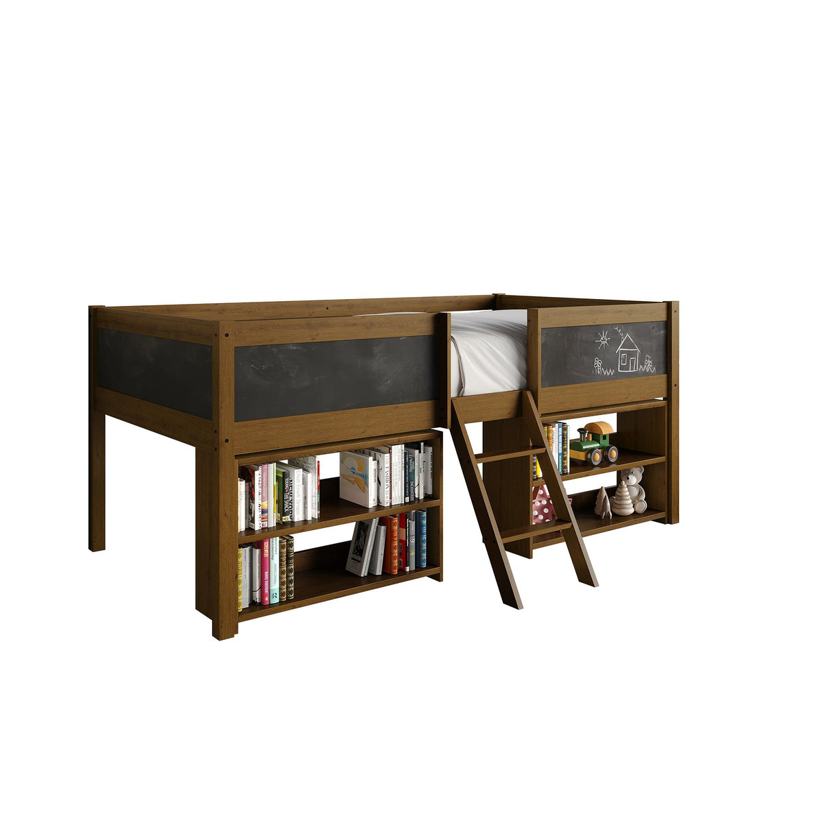 Low Loft Bed with Storage Shelves and Chalkboard Panels