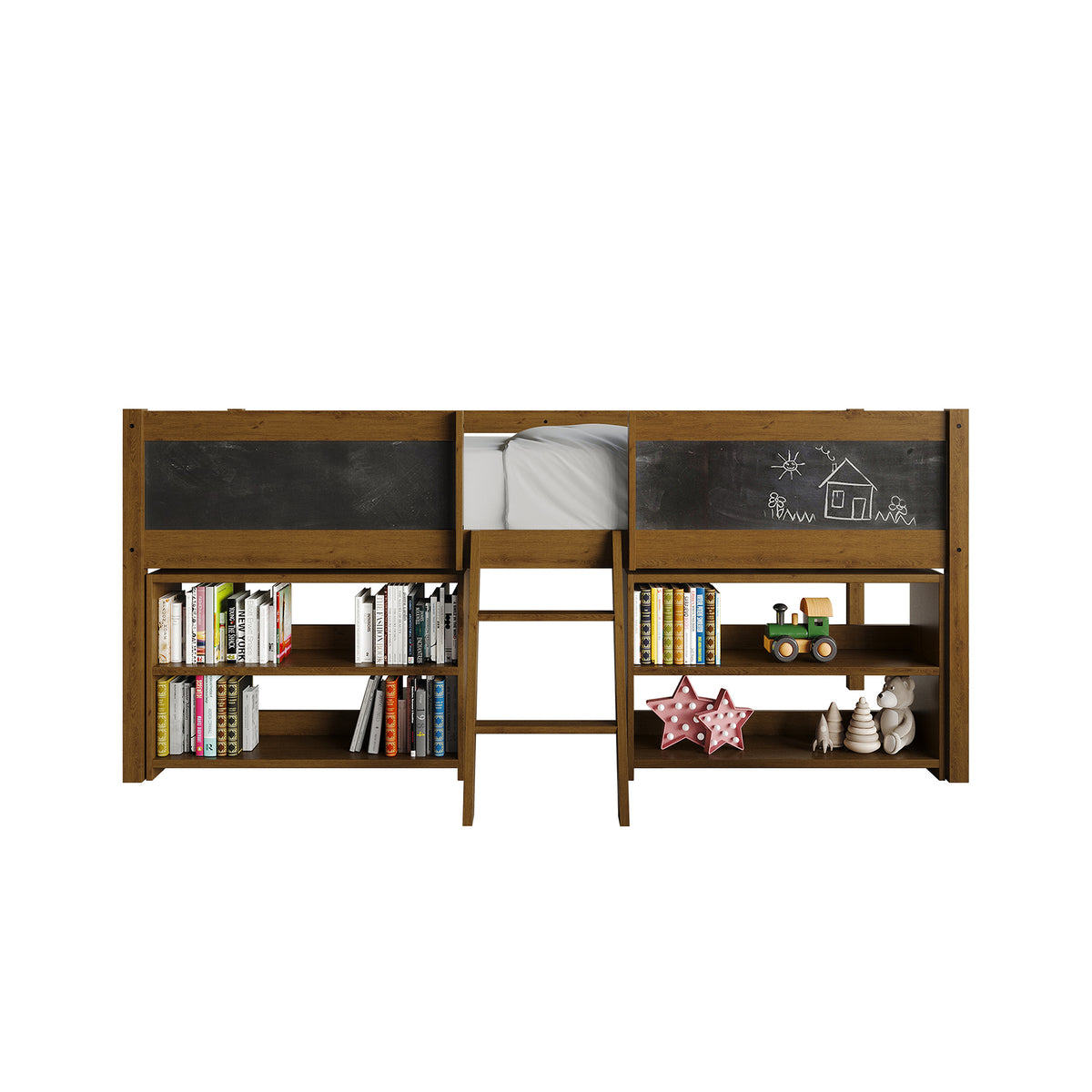 Low Loft Bed with Storage Shelves and Chalkboard Panels