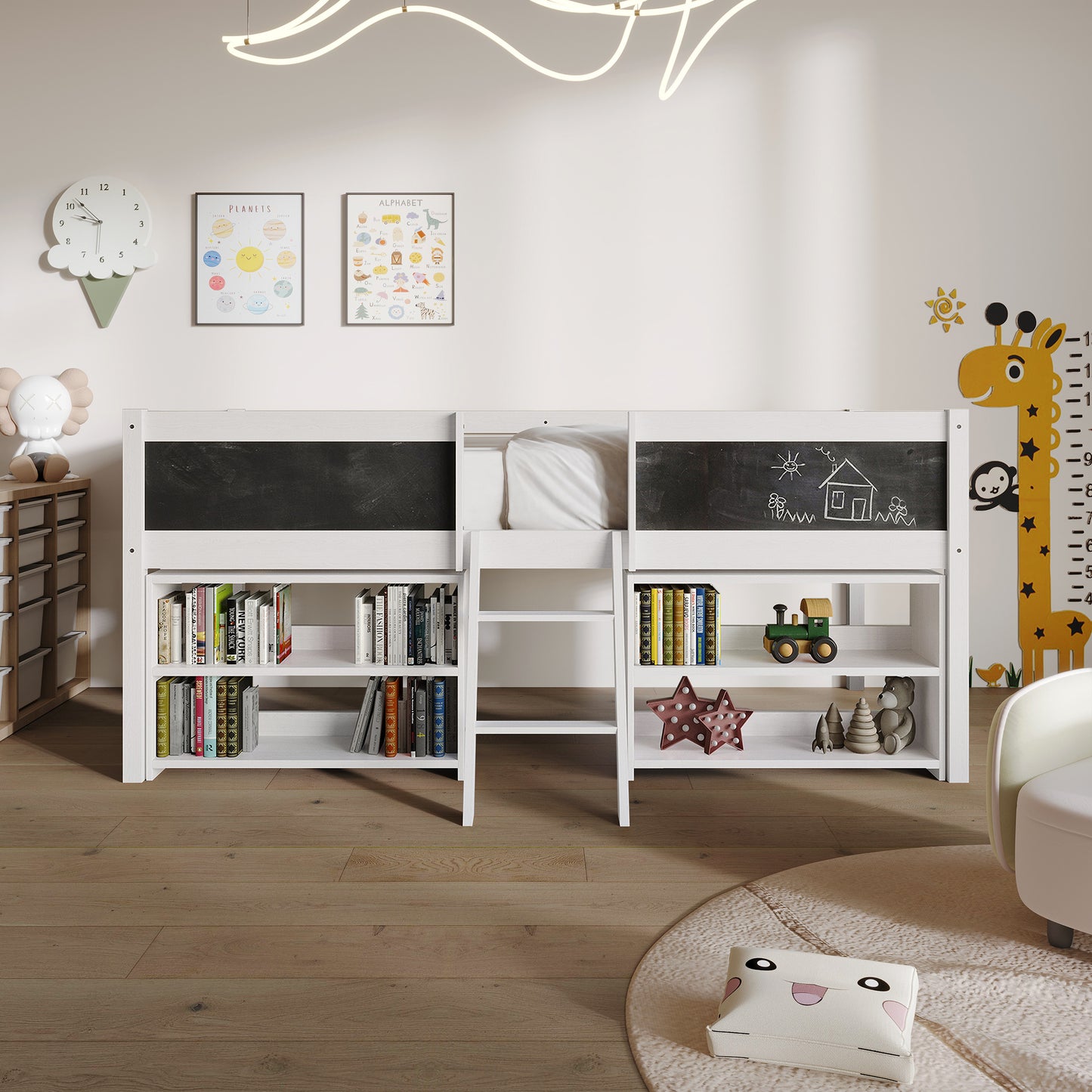 Low Loft Bed with Storage Shelves and Chalkboard Panels