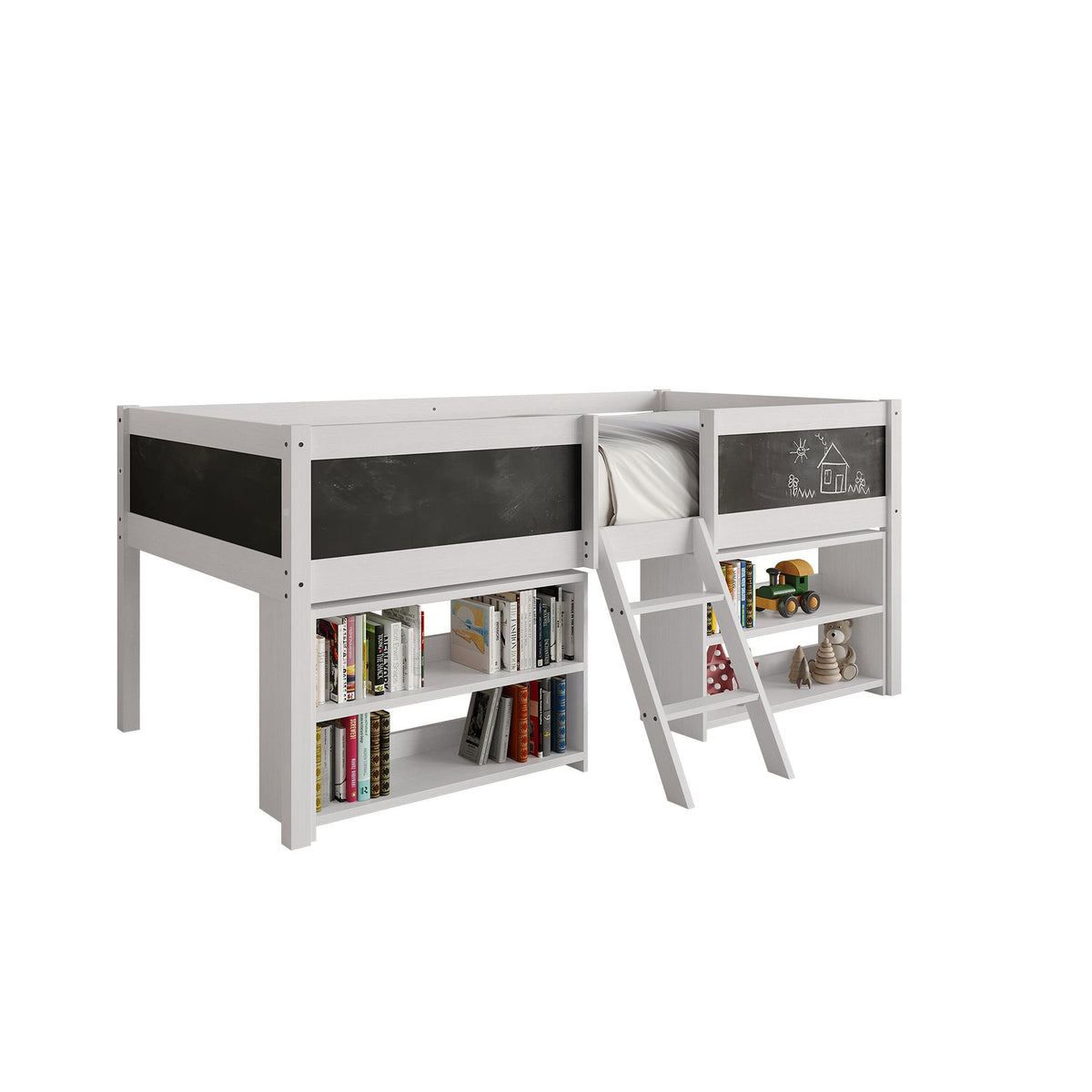 Low Loft Bed with Storage Shelves and Chalkboard Panels