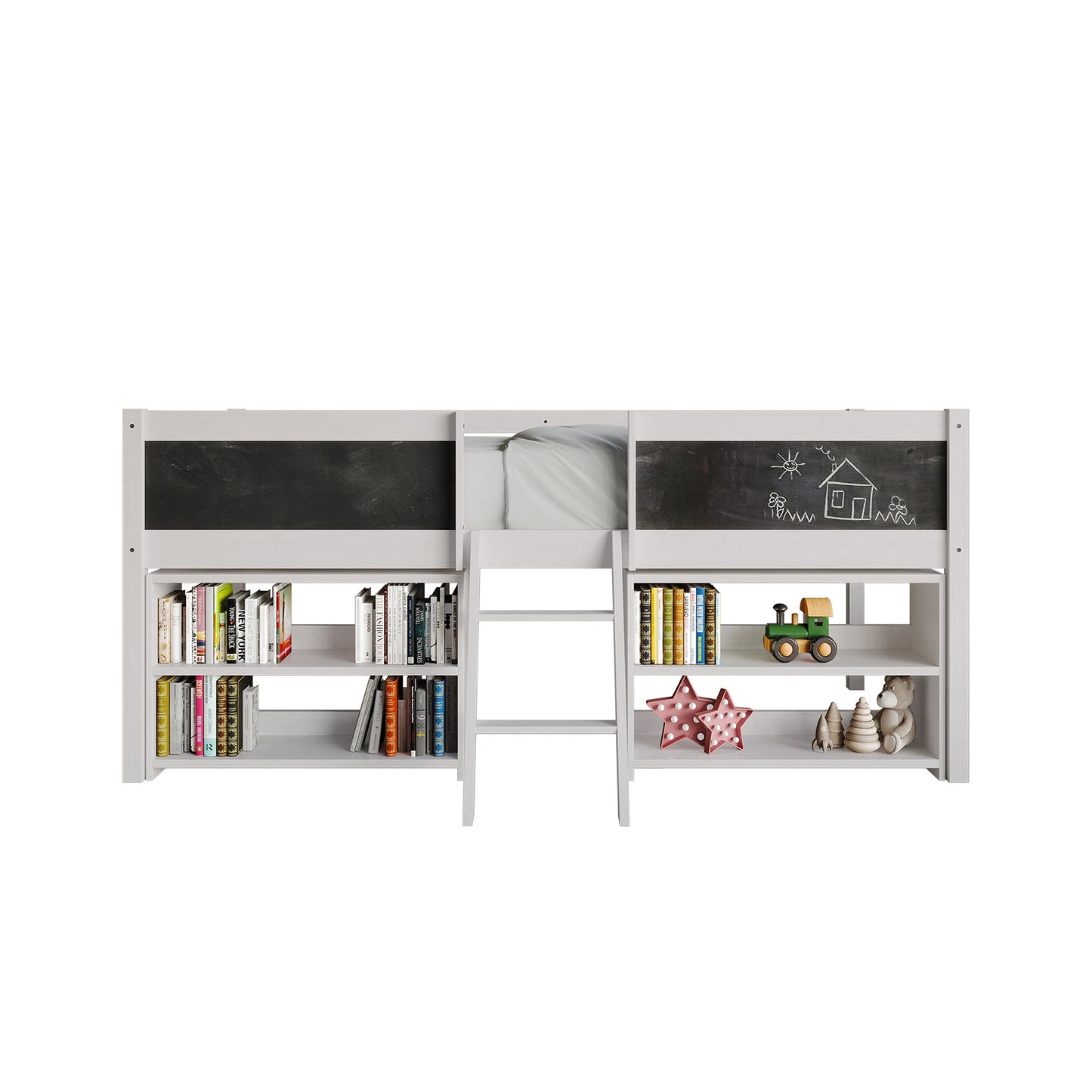 Low Loft Bed with Storage Shelves and Chalkboard Panels