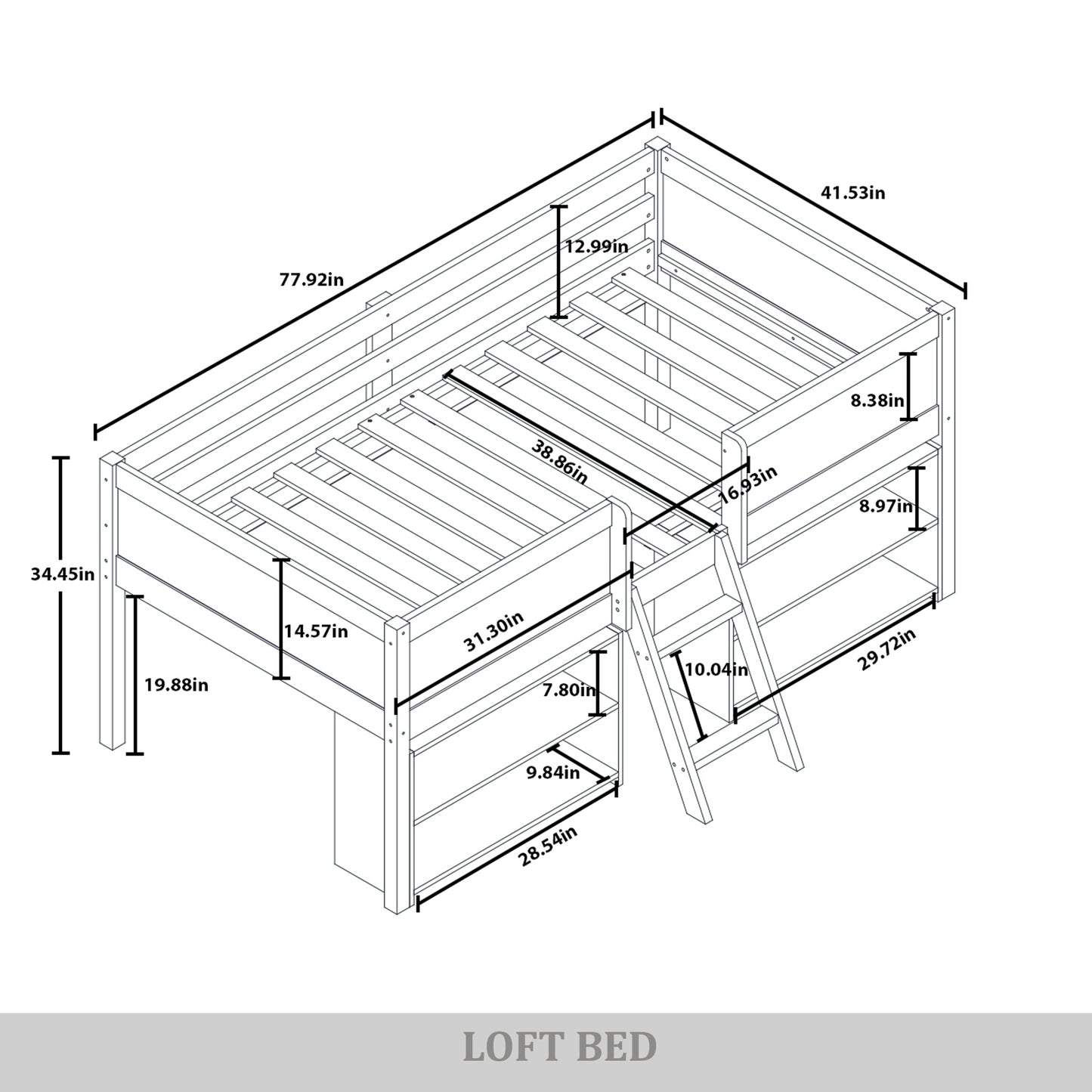Low Loft Bed with Storage Shelves and Chalkboard Panels