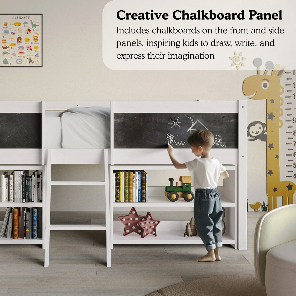 Low Loft Bed with Storage Shelves and Chalkboard Panels